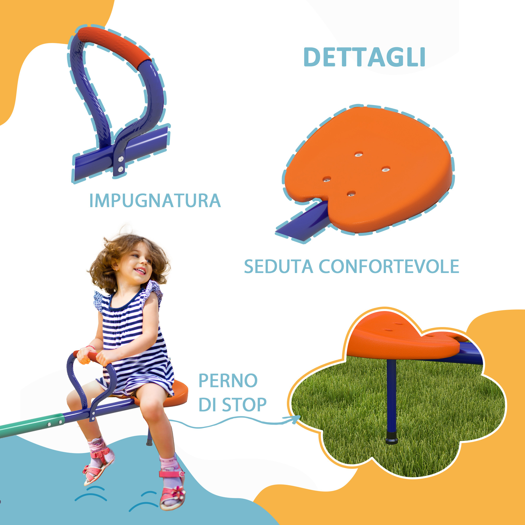 Altalena a bilico per bambini 3-8 anni con rotazione a 360°, in acciaio e pp, 192x60x60 cm - 