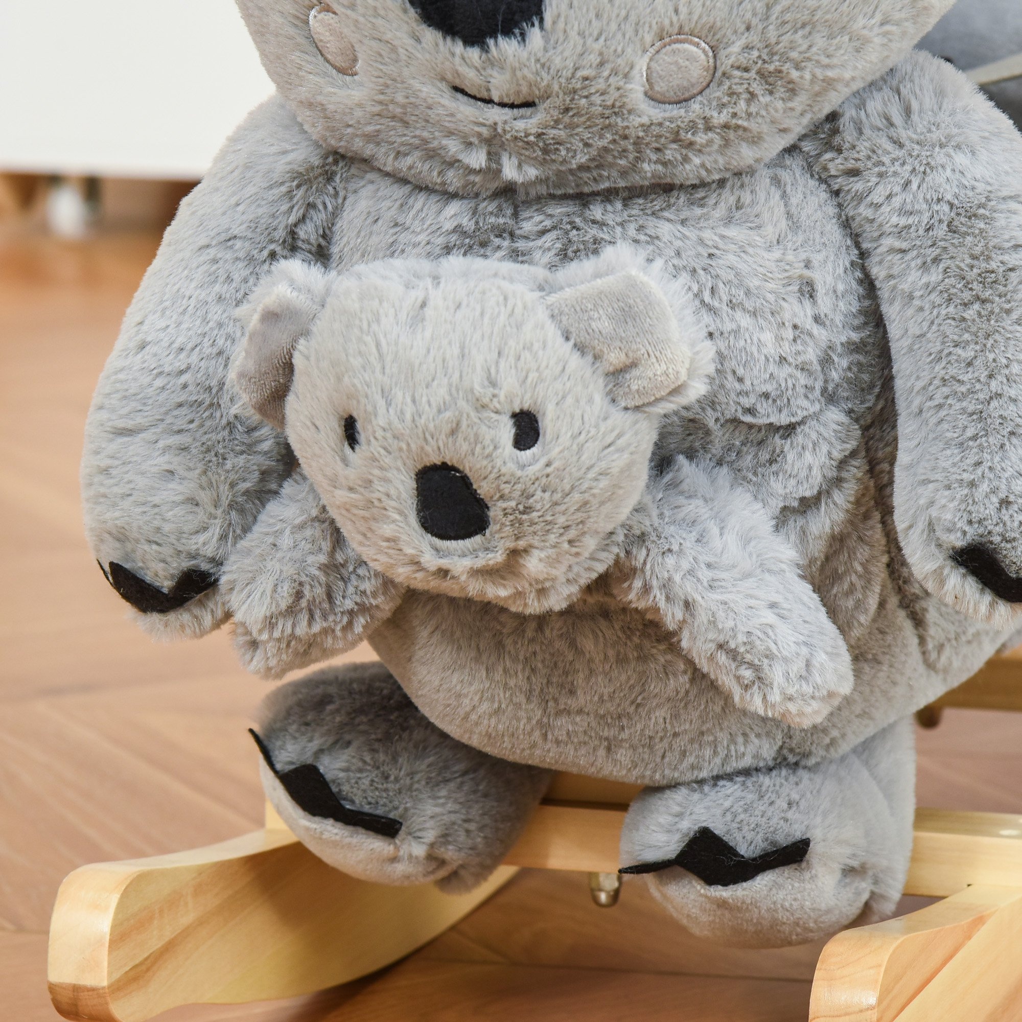 Cavallo a dondolo koala in peluche imbottita con suoni, cintura di sicurezza e base in legno, 60x33x50cm, grigio - 