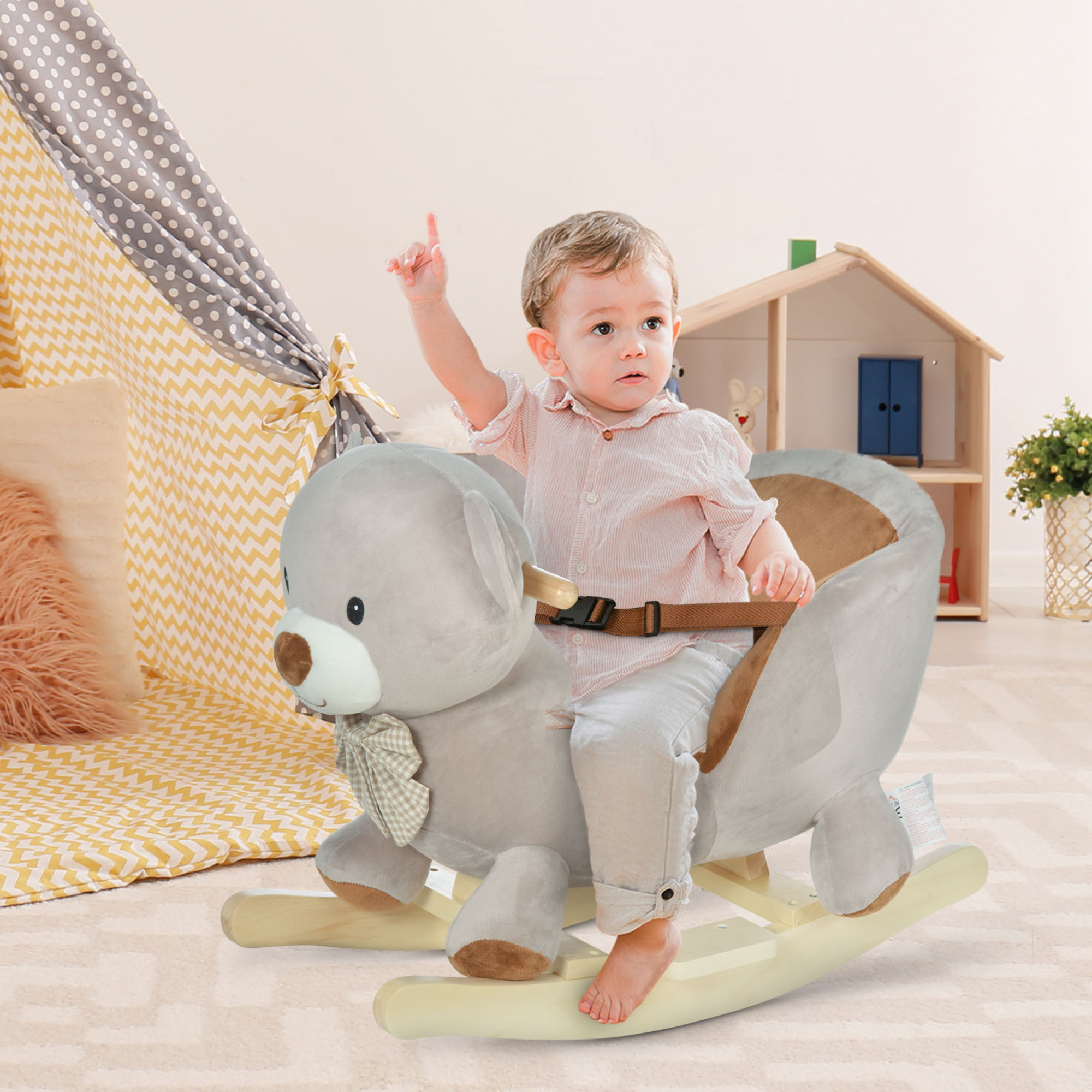 Cavallo a dondolo a forma di orso con suoni, cavalluccio a dondolo per bambini 18-36 mesi interattivo, grigio, 60x33x50cm - 
