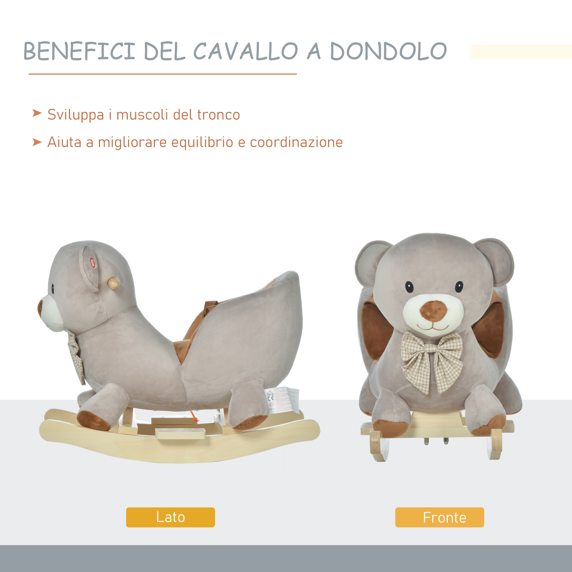 Cavallo a dondolo a forma di orso con suoni, cavalluccio a dondolo per bambini 18-36 mesi interattivo, grigio, 60x33x50cm - 
