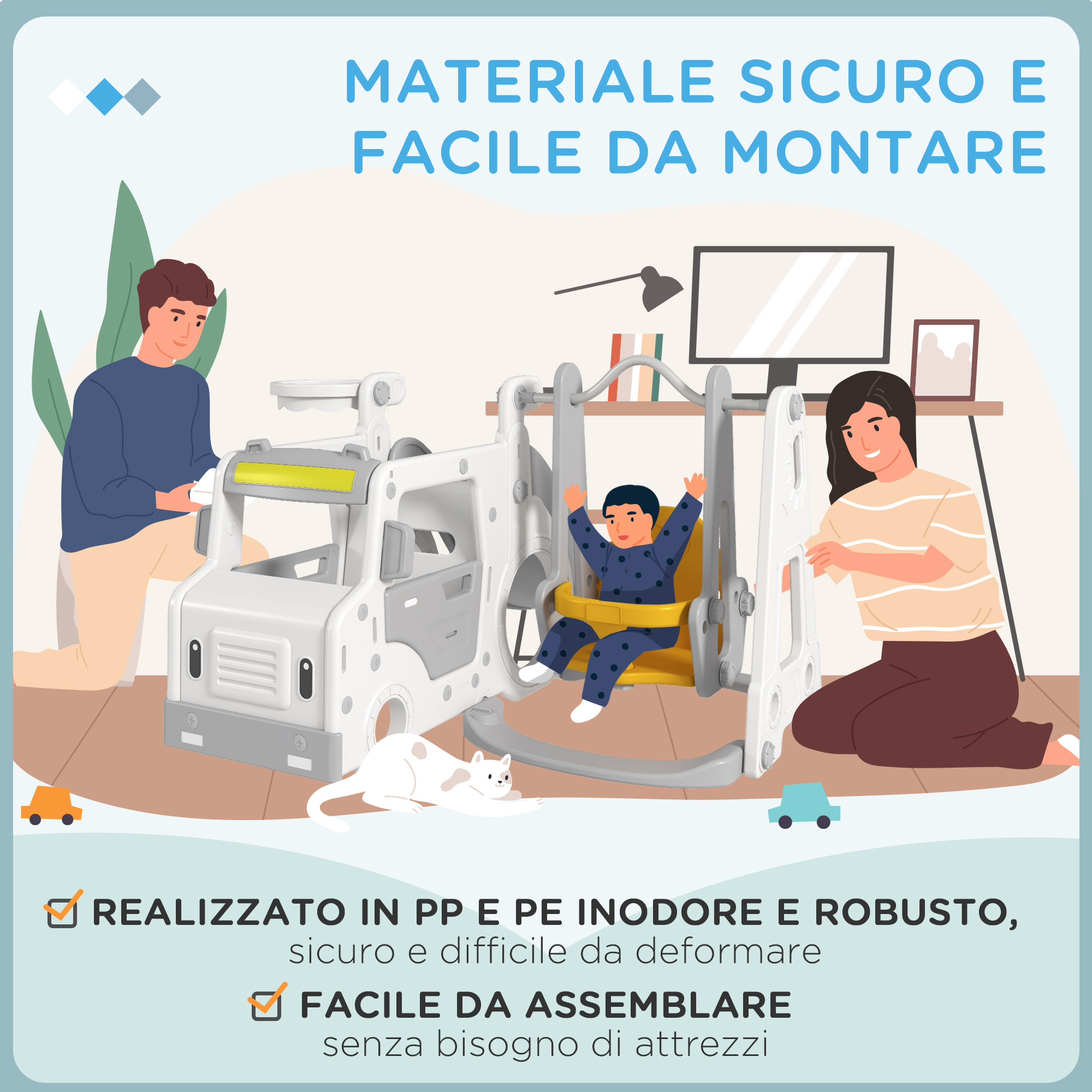 Set scivolo per bambini 18-48 mesi con altalena, macchinina e canestro, 201x151x87.5cm, bianco - 