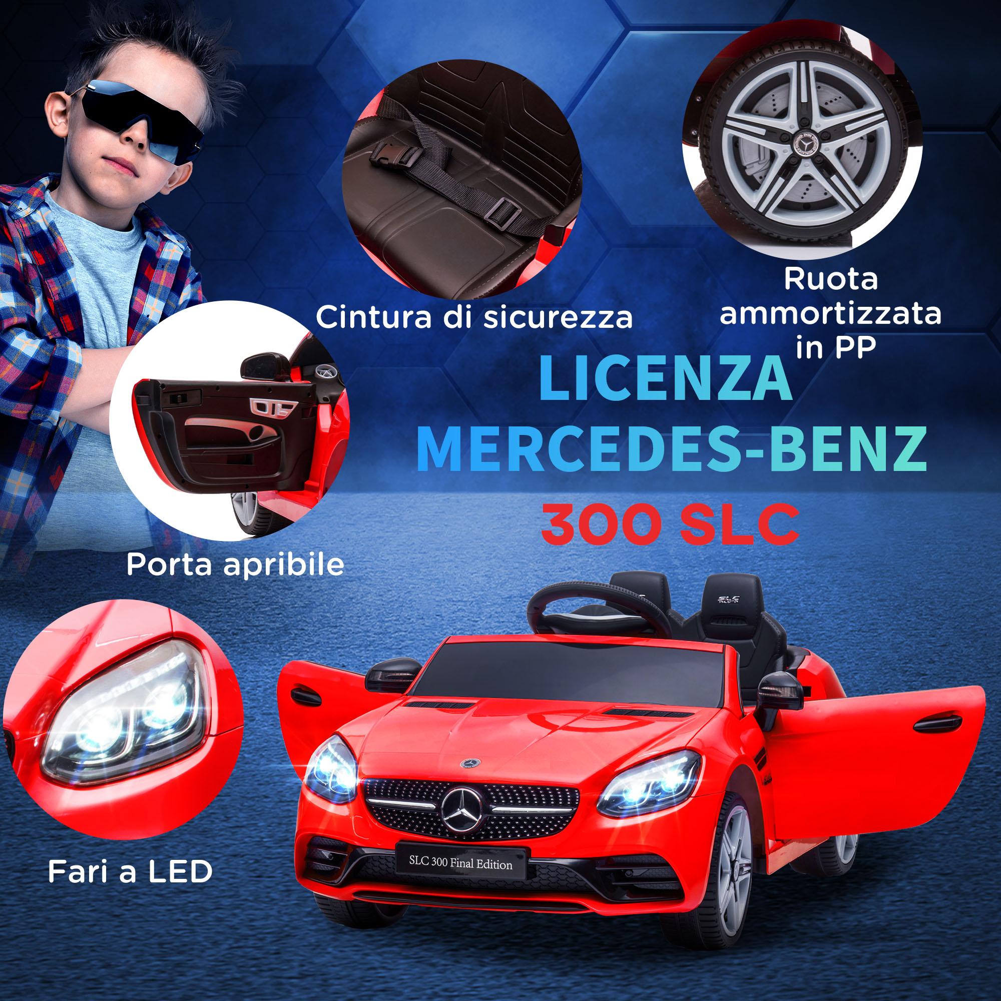 Macchina elettrica per bambini licenza mercedes slc 300 con telecomando, in pp e metallo, 107x62.5x44 cm, rosso - 