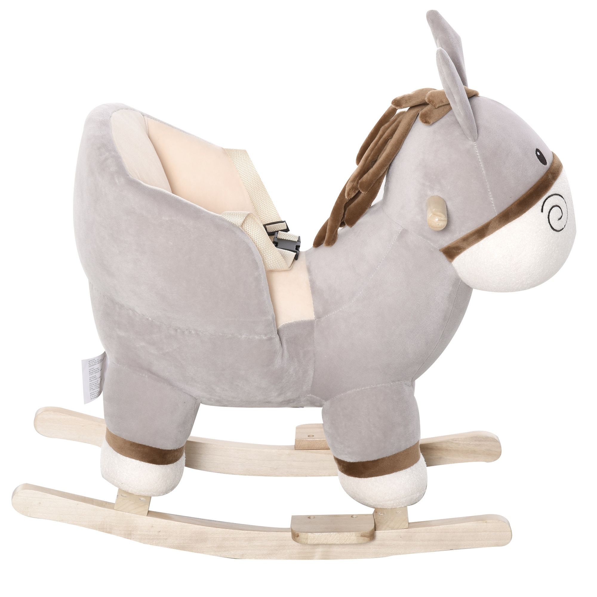 Cavallo a dondolo per bambini 18-36 mesi, cavalluccio a dondolo a forma di asino con suoni realistici in legno di pioppo e peluche, grigio - 