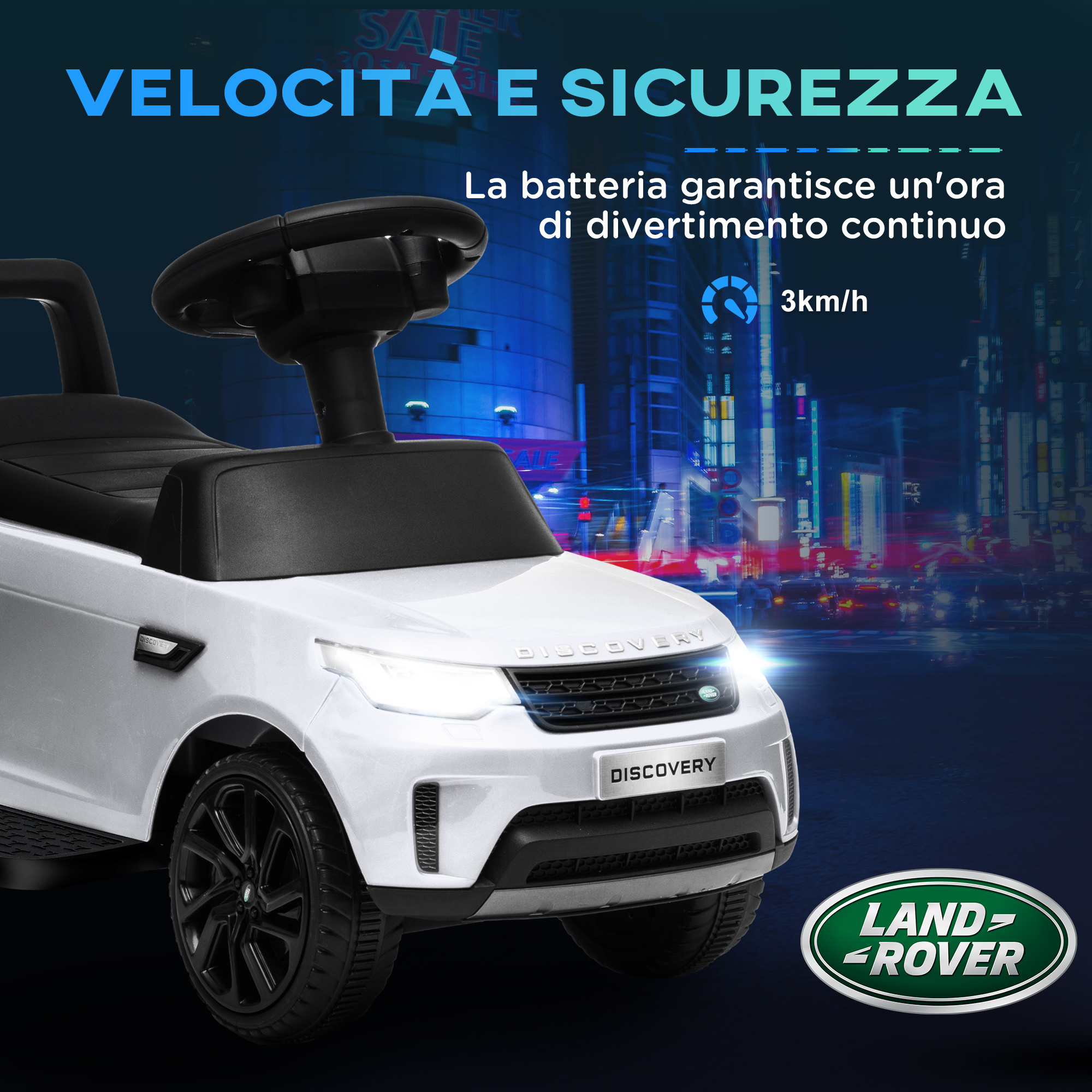 Macchina per bambini con licenza land rover 6v, funzionamento elettrico e a spinta, velocità 3km/h, bianco - 
