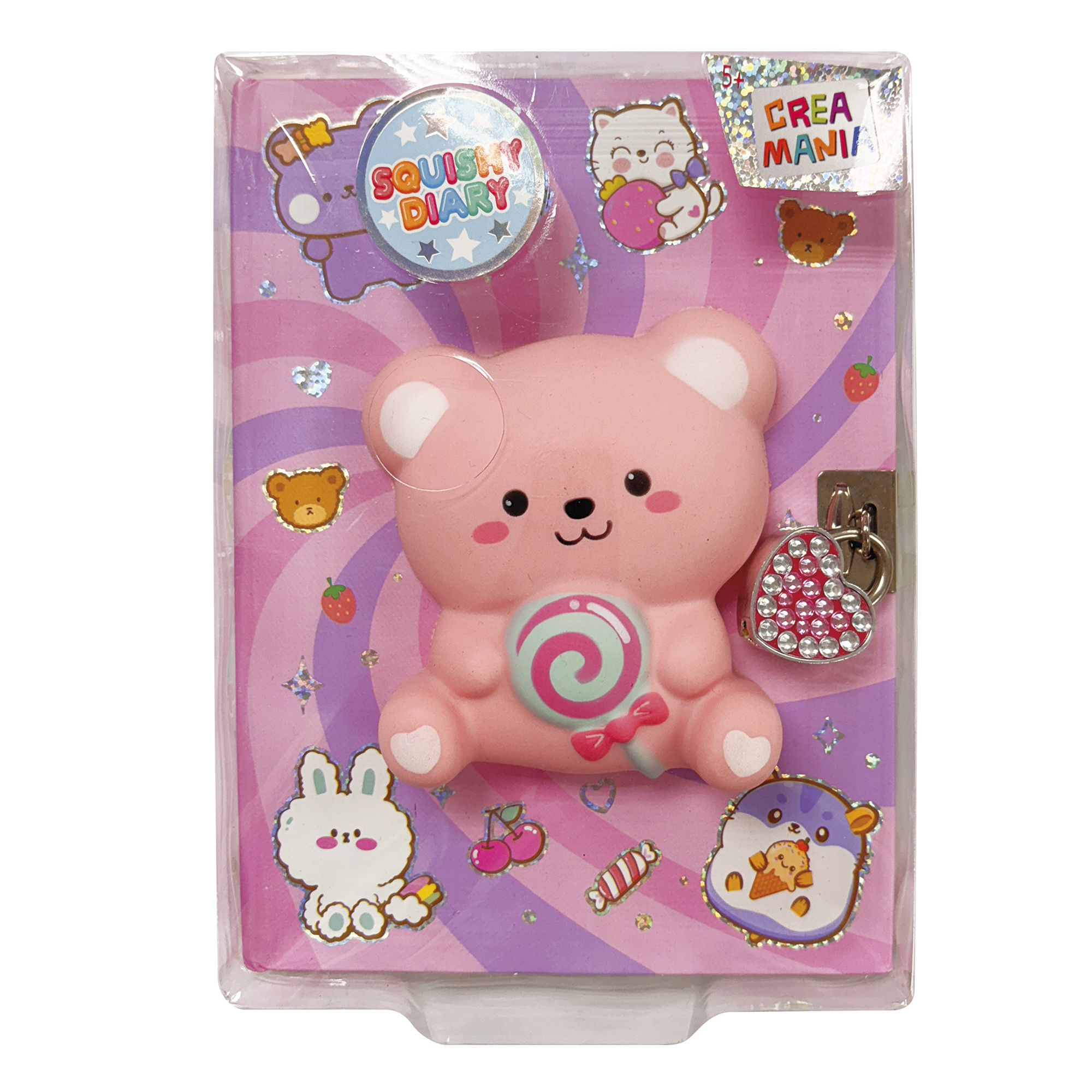 Diario squishy crea mania – copertina rosa con orsetto 3d, lucchetto glitterato e design kawaii - CREA MANIA