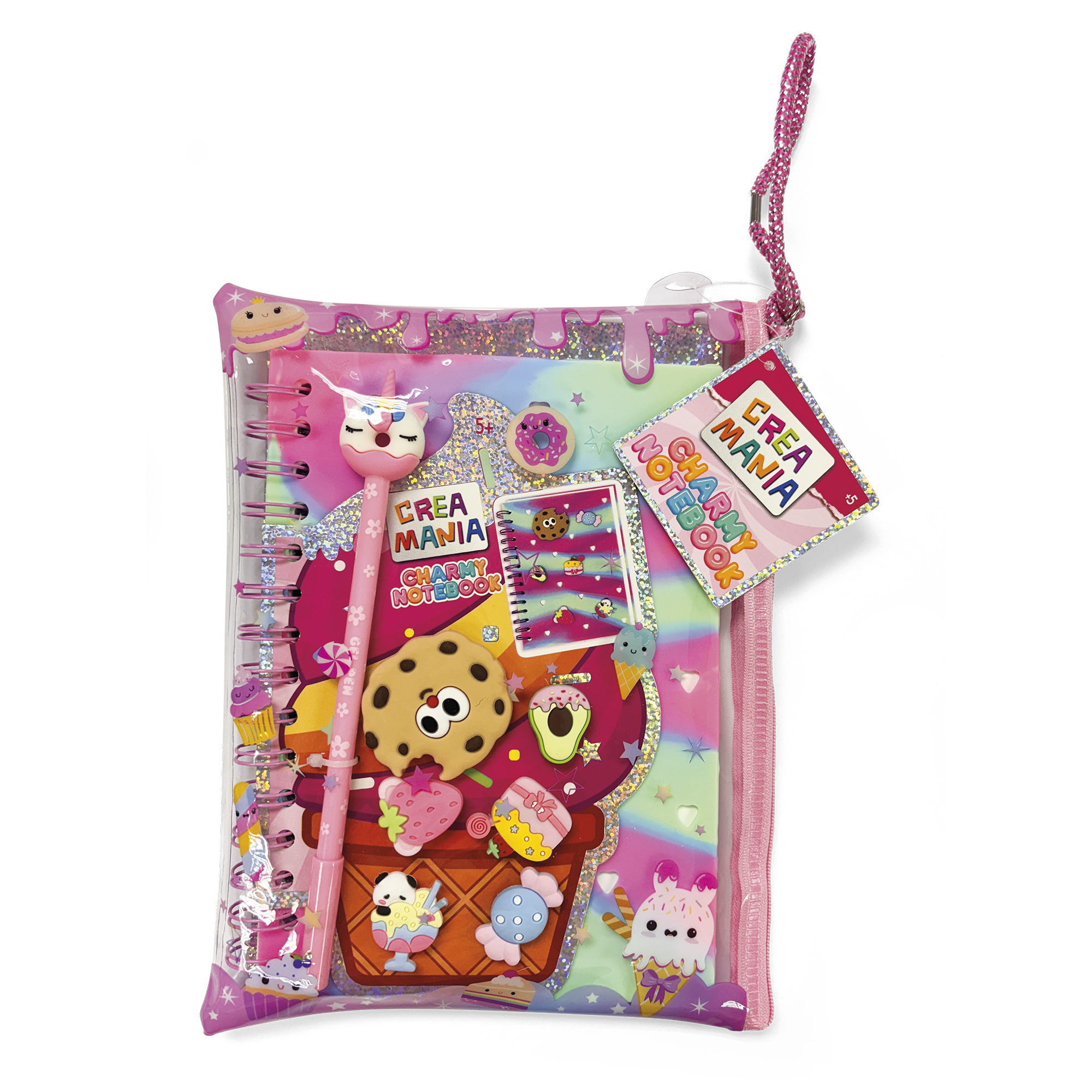 Set cancelleria crea mania – quaderno crazy notebook, penna, adesivi e pochette trasparente - CREA MANIA