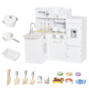 Cucina giocattolo per bambini in legno con 14 accessori, forno, lavandino, frigo e microonde, età 3+ anni, 86x64x84.5cm, bianco e argento - 