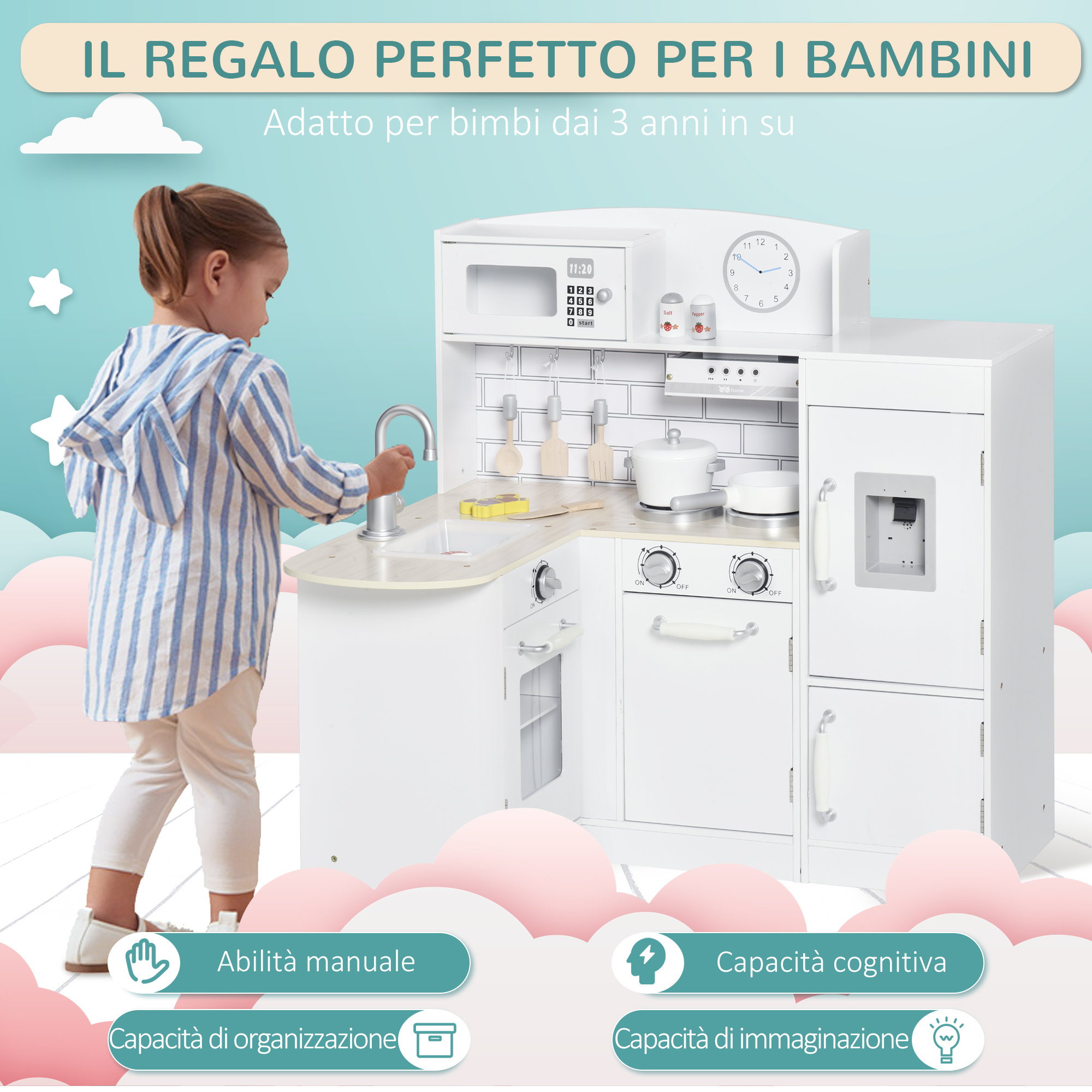 Cucina giocattolo per bambini in legno con 14 accessori, forno, lavandino, frigo e microonde, età 3+ anni, 86x64x84.5cm, bianco e argento - 