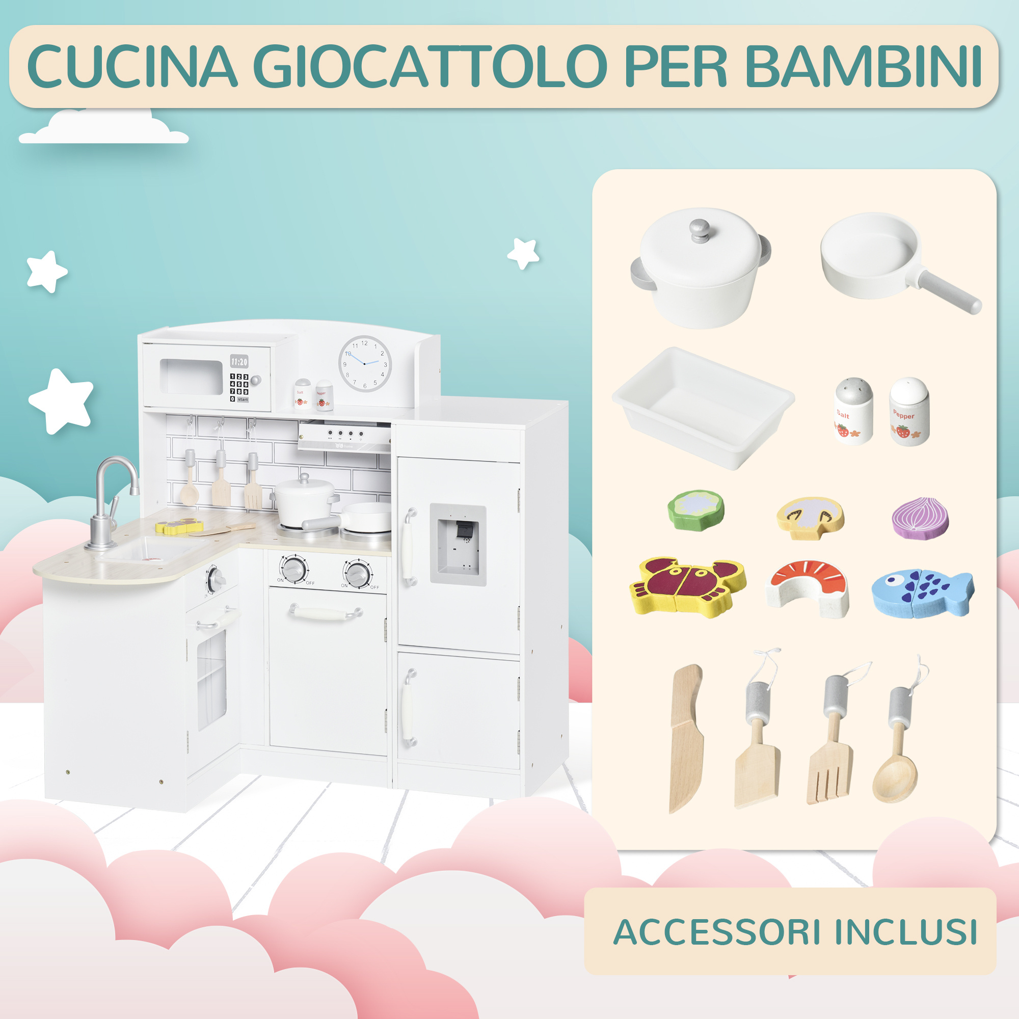Cucina giocattolo per bambini in legno con 14 accessori, forno, lavandino, frigo e microonde, età 3+ anni, 86x64x84.5cm, bianco e argento - 
