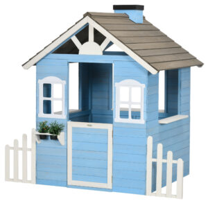 Casa per bimbi 3-7 anni con staccionata, portavasi, porta e finestre, in legno di abete, 151x112.5x142 cm, blu - 