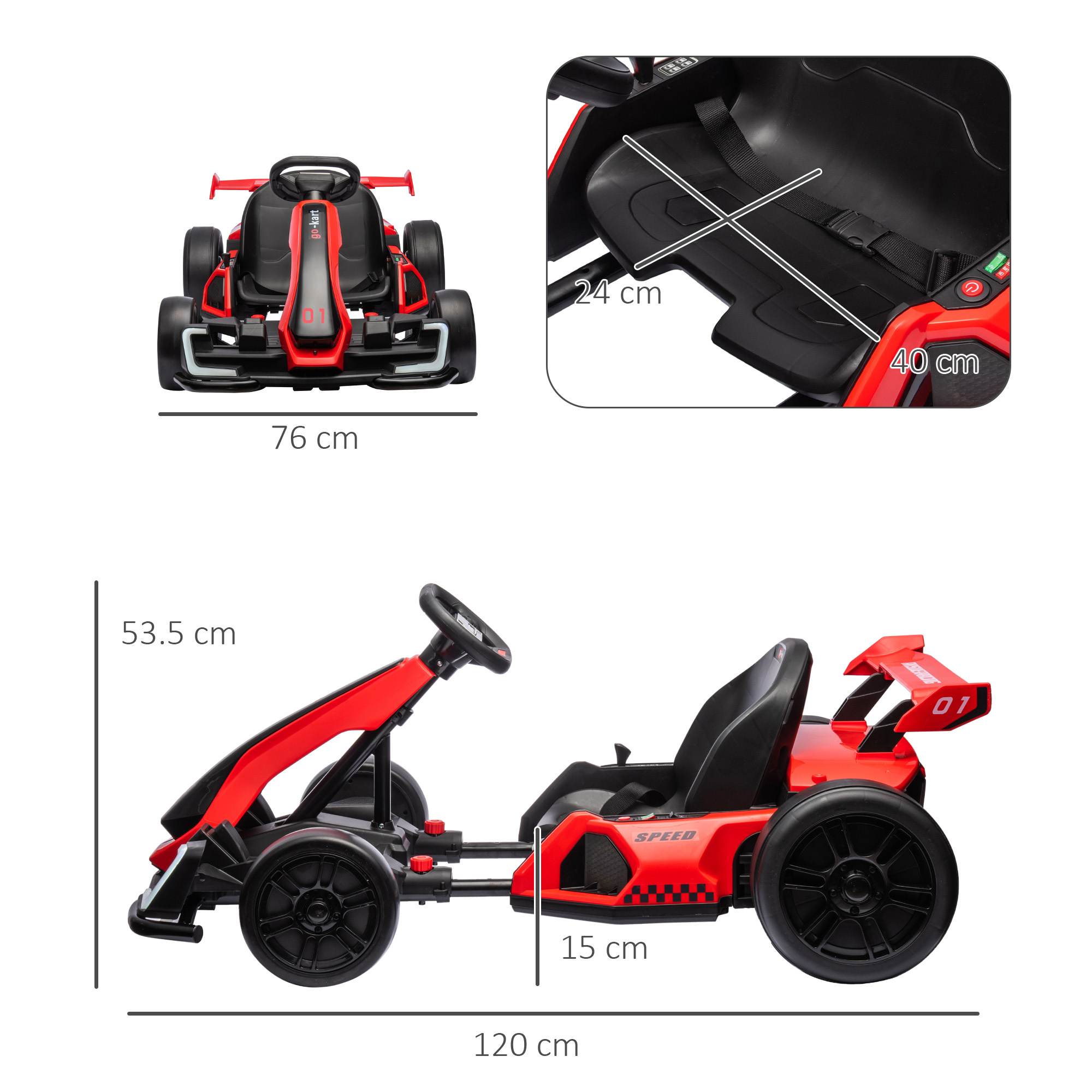 Go kart elettrico per bambini 6-12 anni 24v 12km/h con seggiolino regolabile, rosso - 