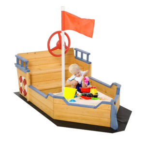Sabbiera per bambini in legno a forma di nave dei pirati con vano contenitore, 158x78x45.5 cm - 