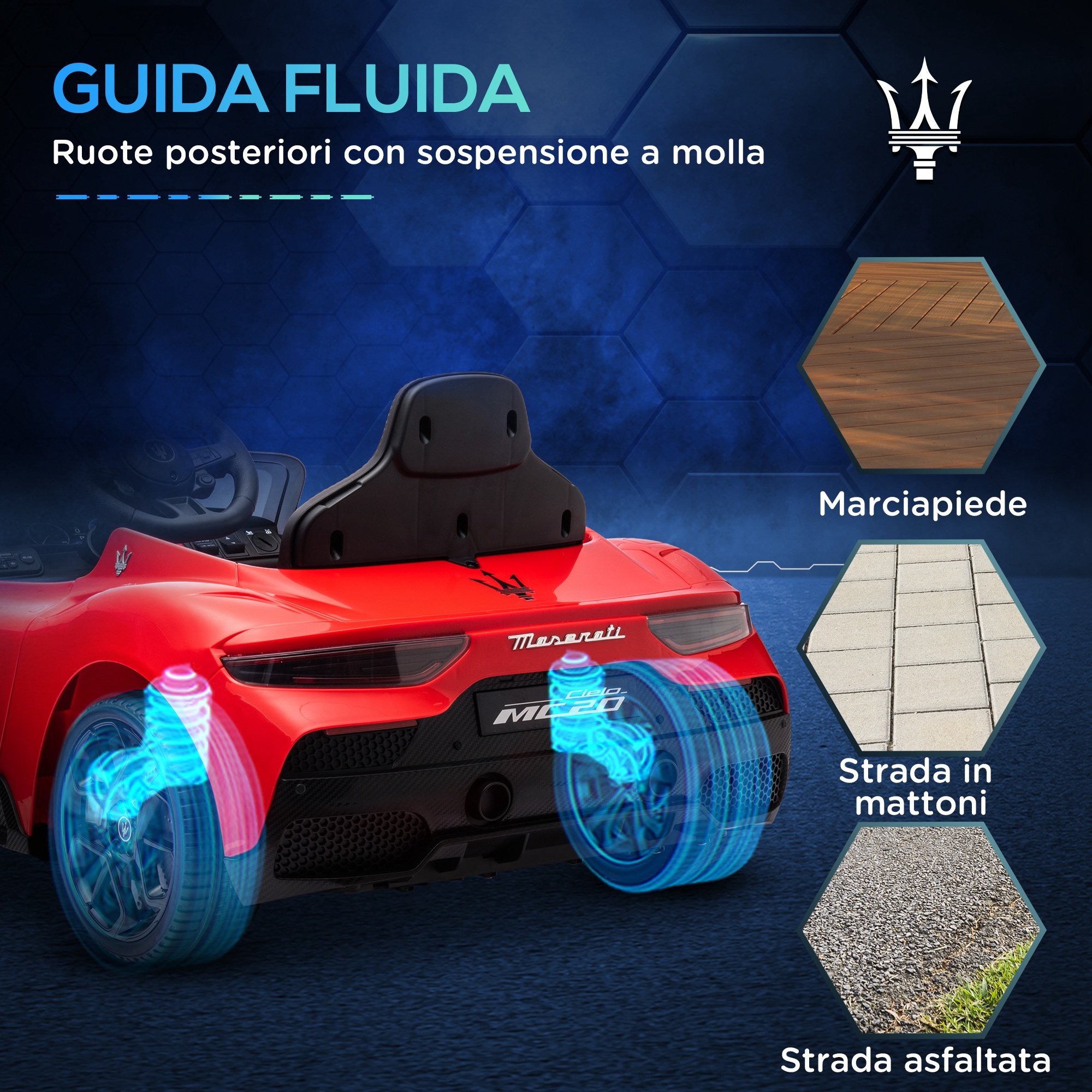 Macchina per bambini maserati mc20, guida manuale, telecomando e fari led, età 3-6 anni, rosso - 