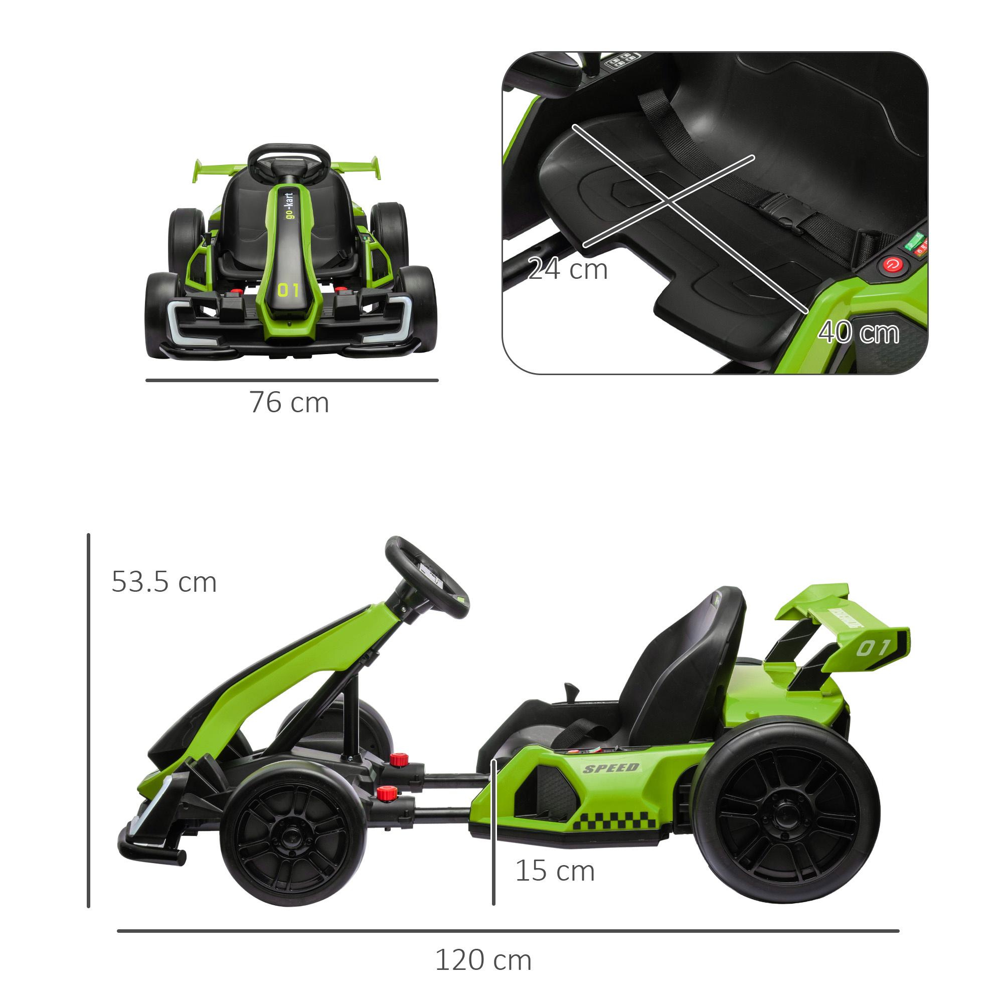 Go kart elettrico per bambini 6-12 anni 24v 12km/h con seggiolino regolabile, verde - 