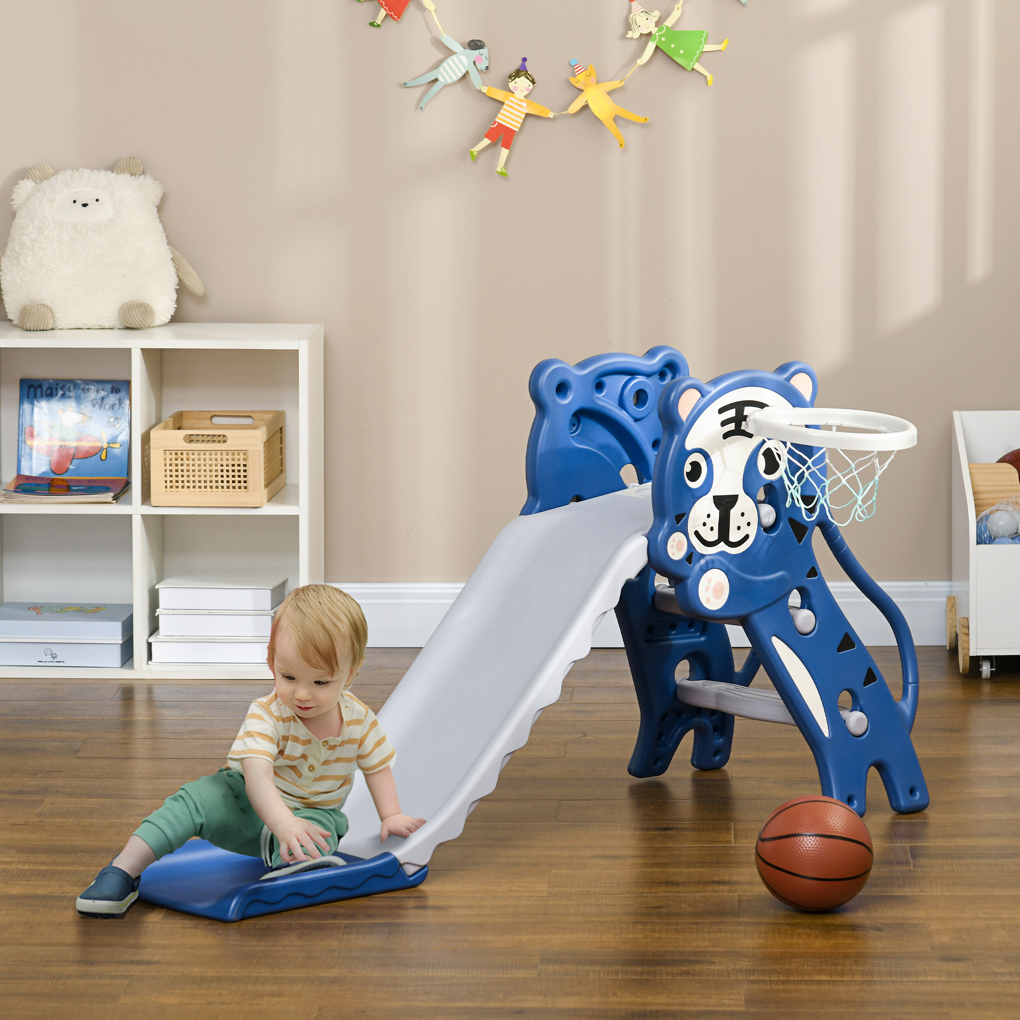Scivolo per bambini 18-36 mesi con canestro da basket laterale in pe, 133x60x70 cm, blu e grigio - 