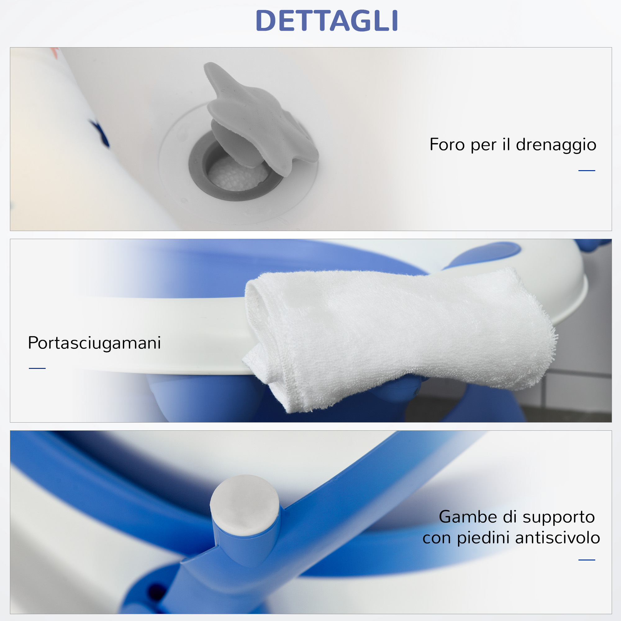 Vaschetta bagnetto pieghevole per bambini 0-3 anni con indicatore di temperatura e cuscino, 81.5x50.5x23.5 cm, blu - 