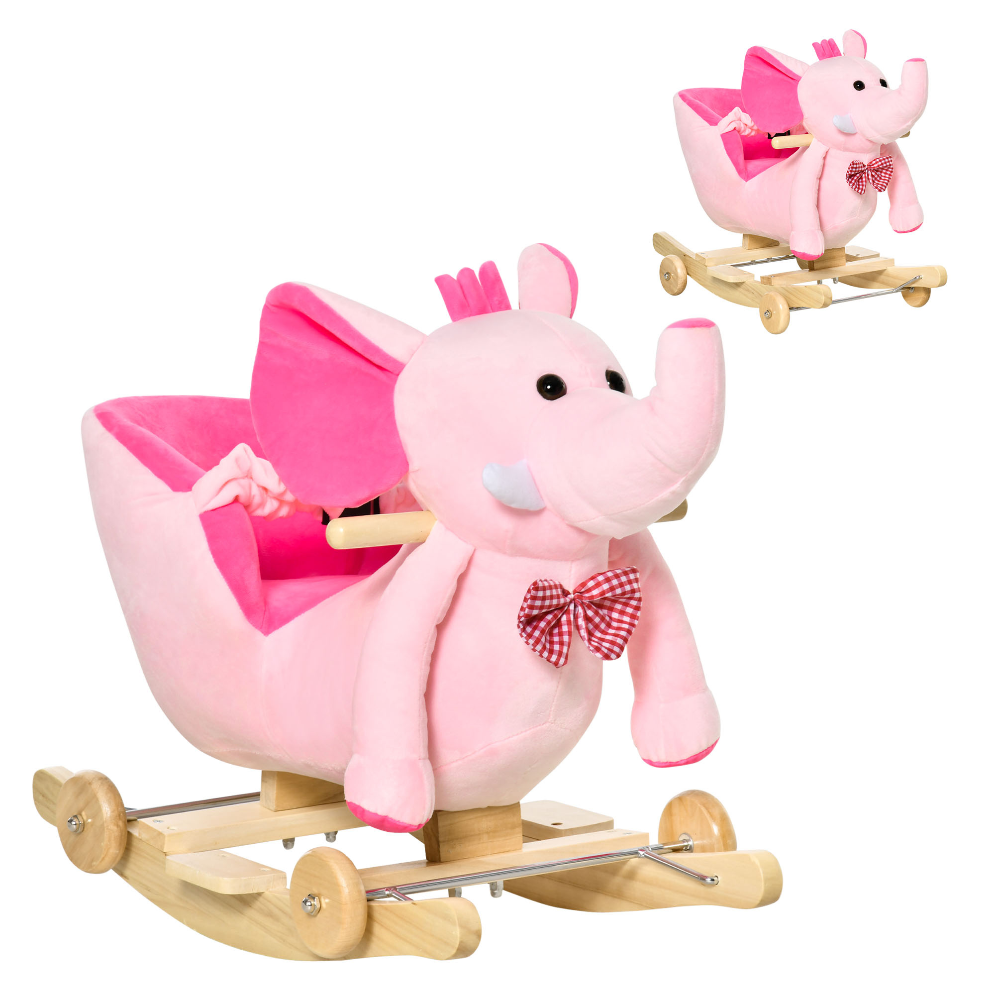 Animale a dondolo a forma di elefante con rotelle e cintura, in peluche, legno e acciaio, 60x35x45 cm, rosa - 