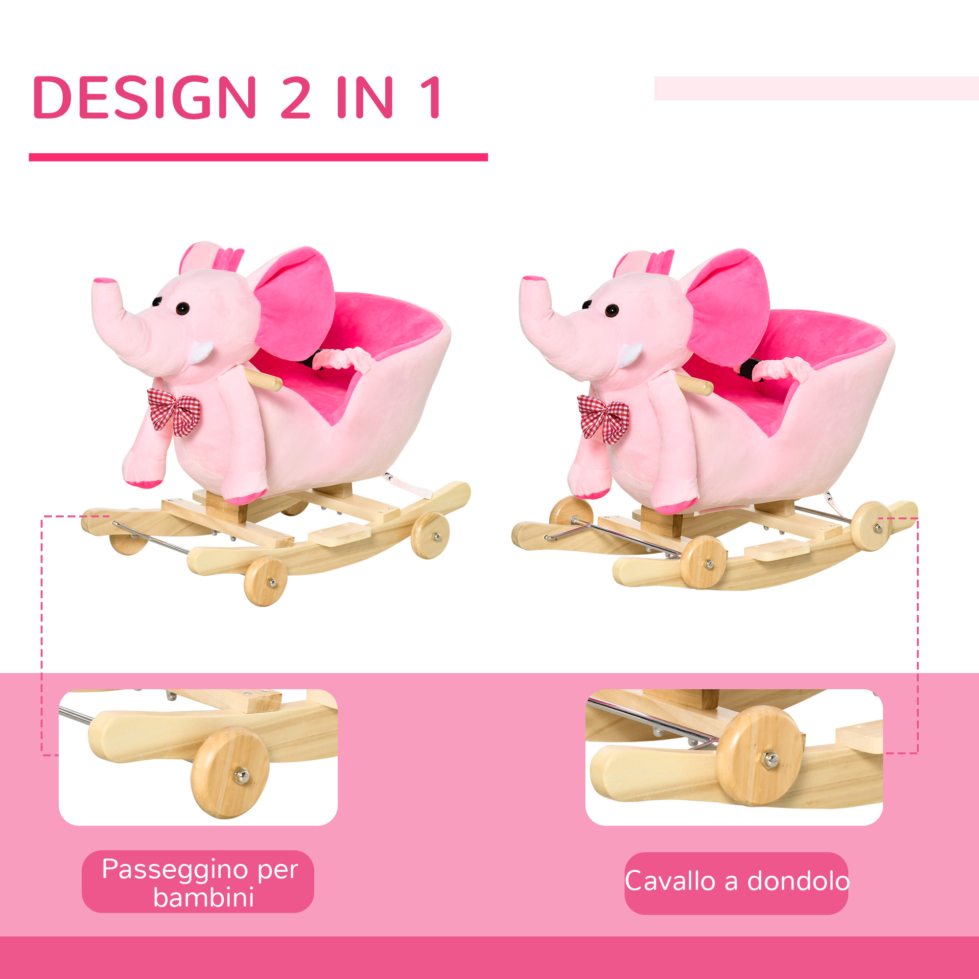 Animale a dondolo a forma di elefante con rotelle e cintura, in peluche, legno e acciaio, 60x35x45 cm, rosa - 