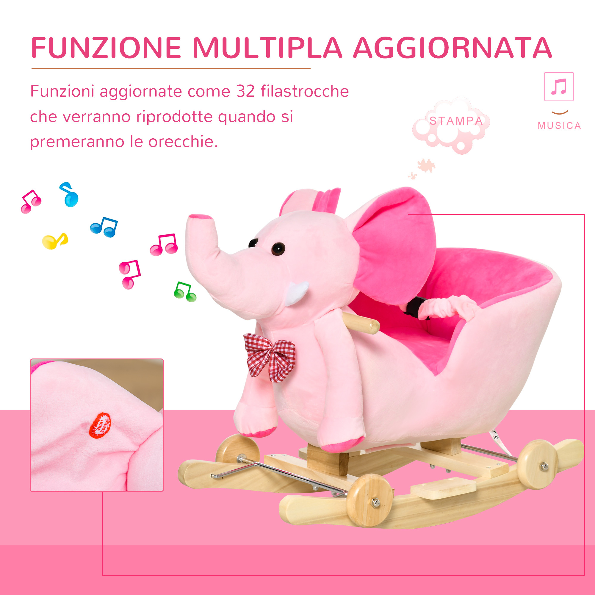 Animale a dondolo a forma di elefante con rotelle e cintura, in peluche, legno e acciaio, 60x35x45 cm, rosa - 