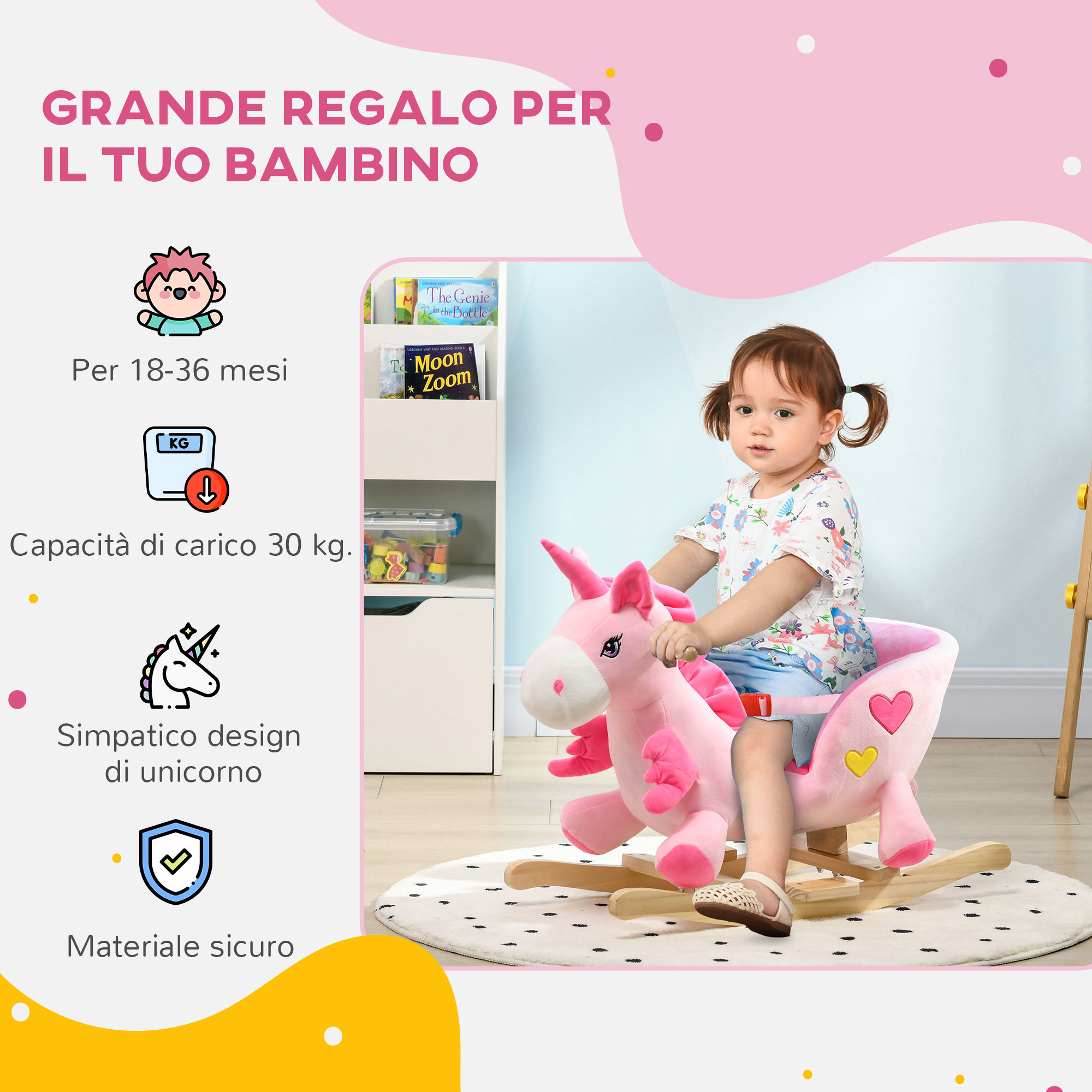 Cavallo a dondolo unicorno con 32 canzoni, base in legno e cintura di sicurezza, età 18-36 mesi, rosa - 