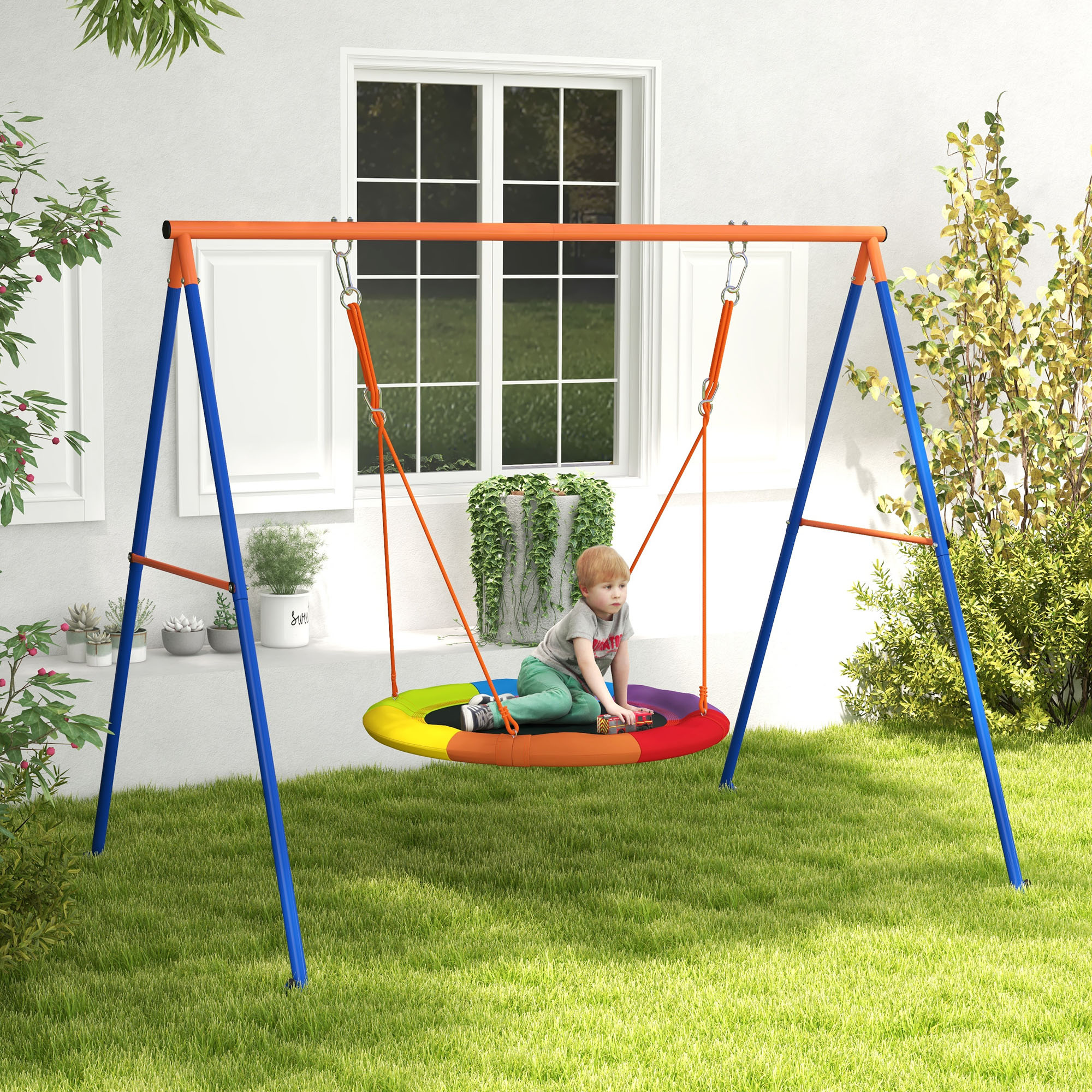 Altalena da giardino a nido per 1-2 bambini in metallo rinforzato, 196x172x180cm, multicolore - 