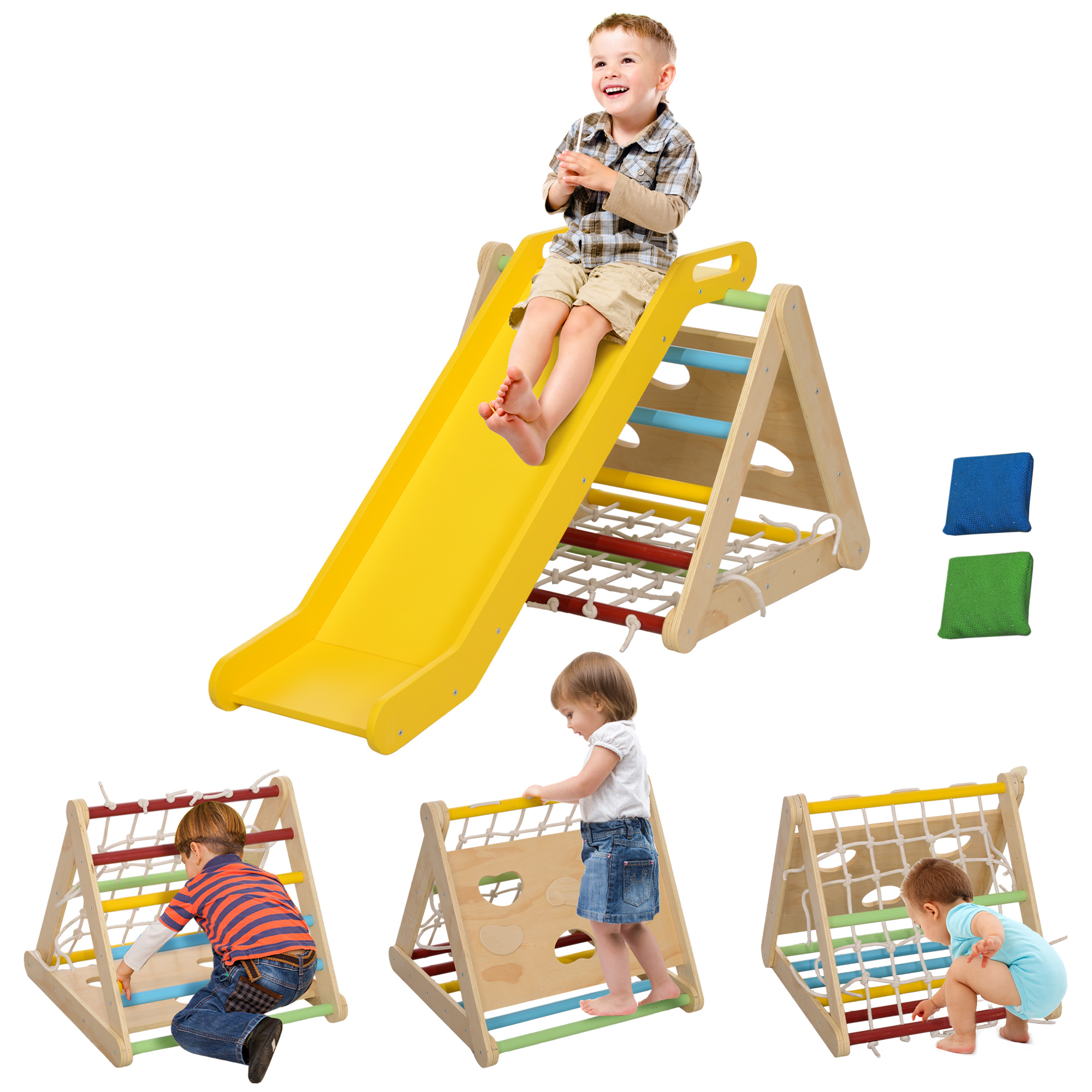 Gioco arrampicata bambini con triangolo montessori 5 in 1 con corda, scivolo e sacchi, in legno, 119x63x61 cm - 