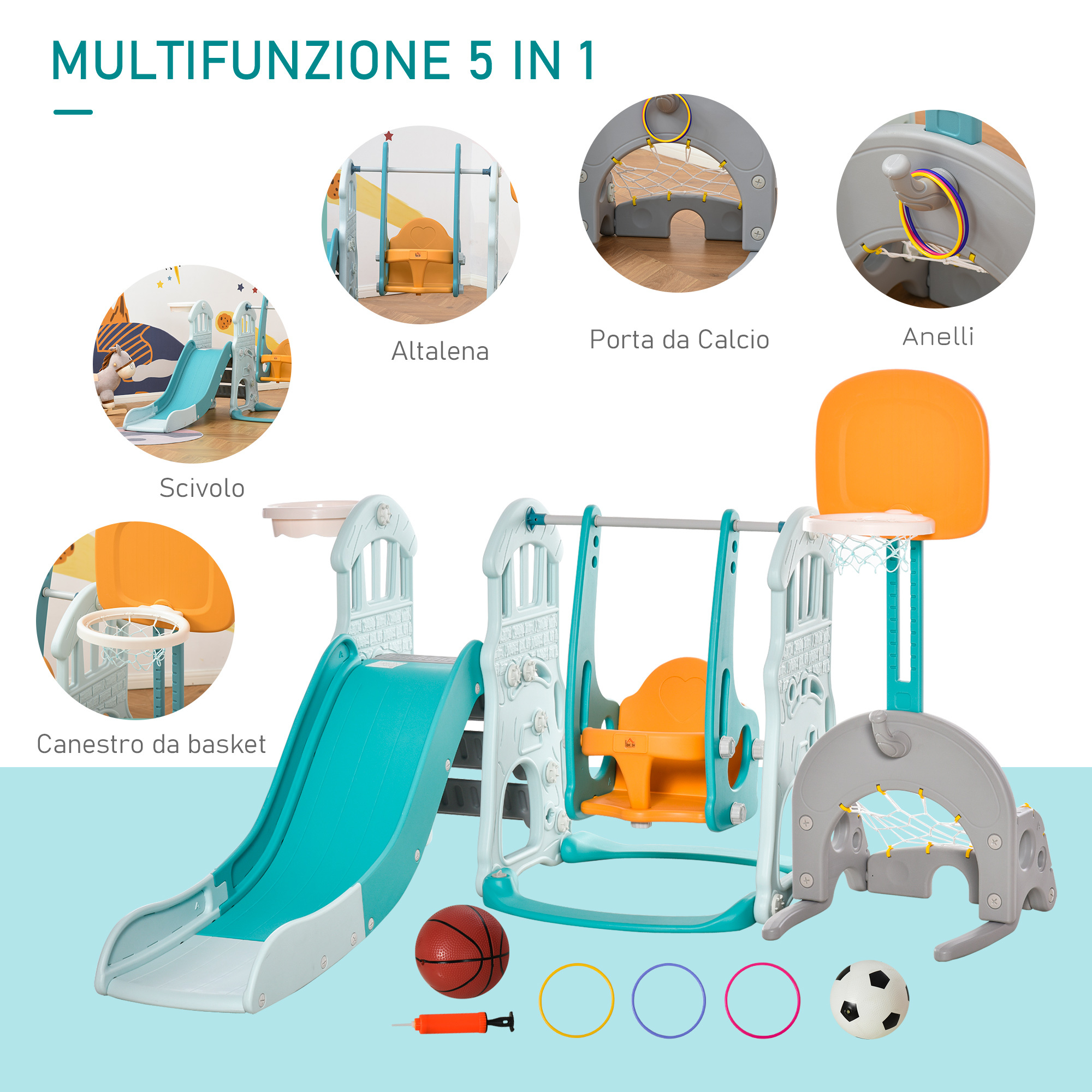 Scivolo per bambini 4 anni max con altalena, canestro, porta e anelli, in hdpe e pp, 210x186x133 cm - 