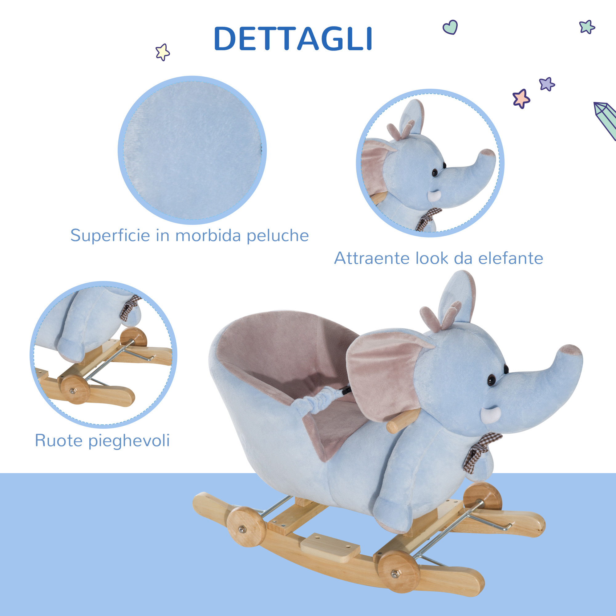 Animale a dondolo a forma di elefante con rotelle e cintura, in peluche, legno e acciaio, 60x35x45 cm, blu - 