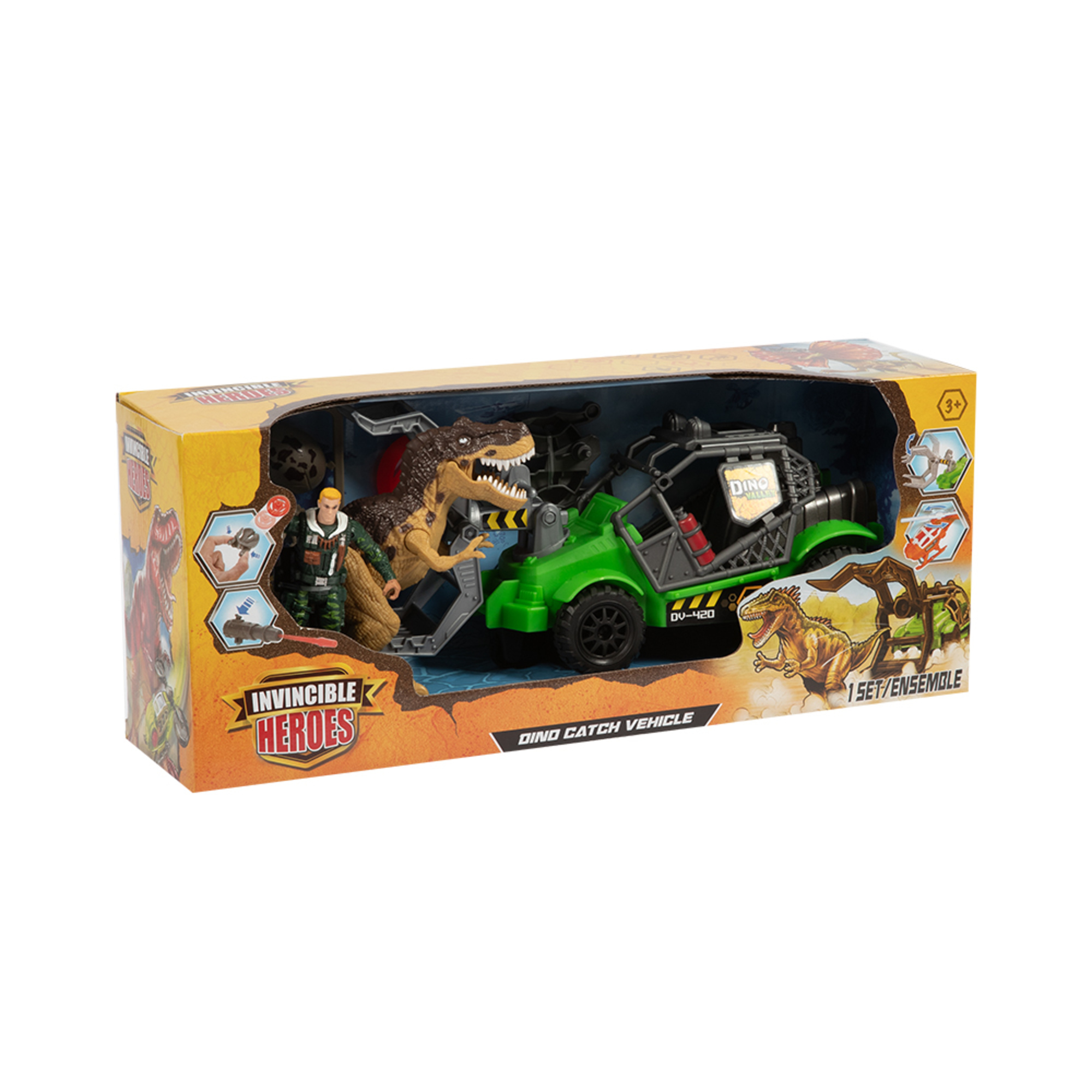 Dino valley – set assortito cattura dinosauro con veicoli e figure - INVINCIBLE HEROS