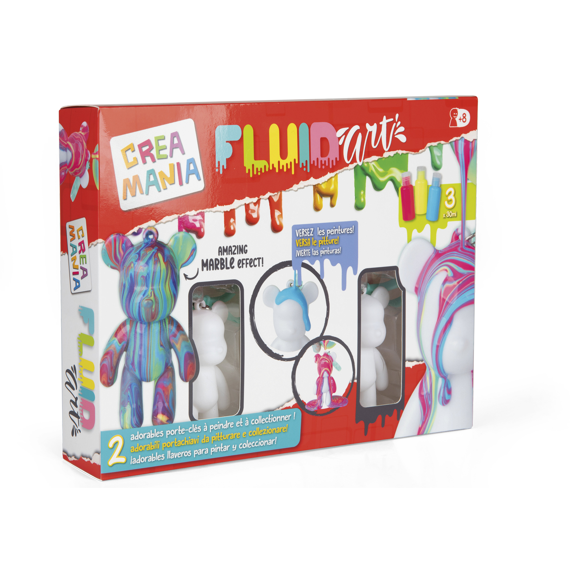 Fluid art kit portachiavi – 2 orsetti da decorare con colori acrilici - CREA MANIA