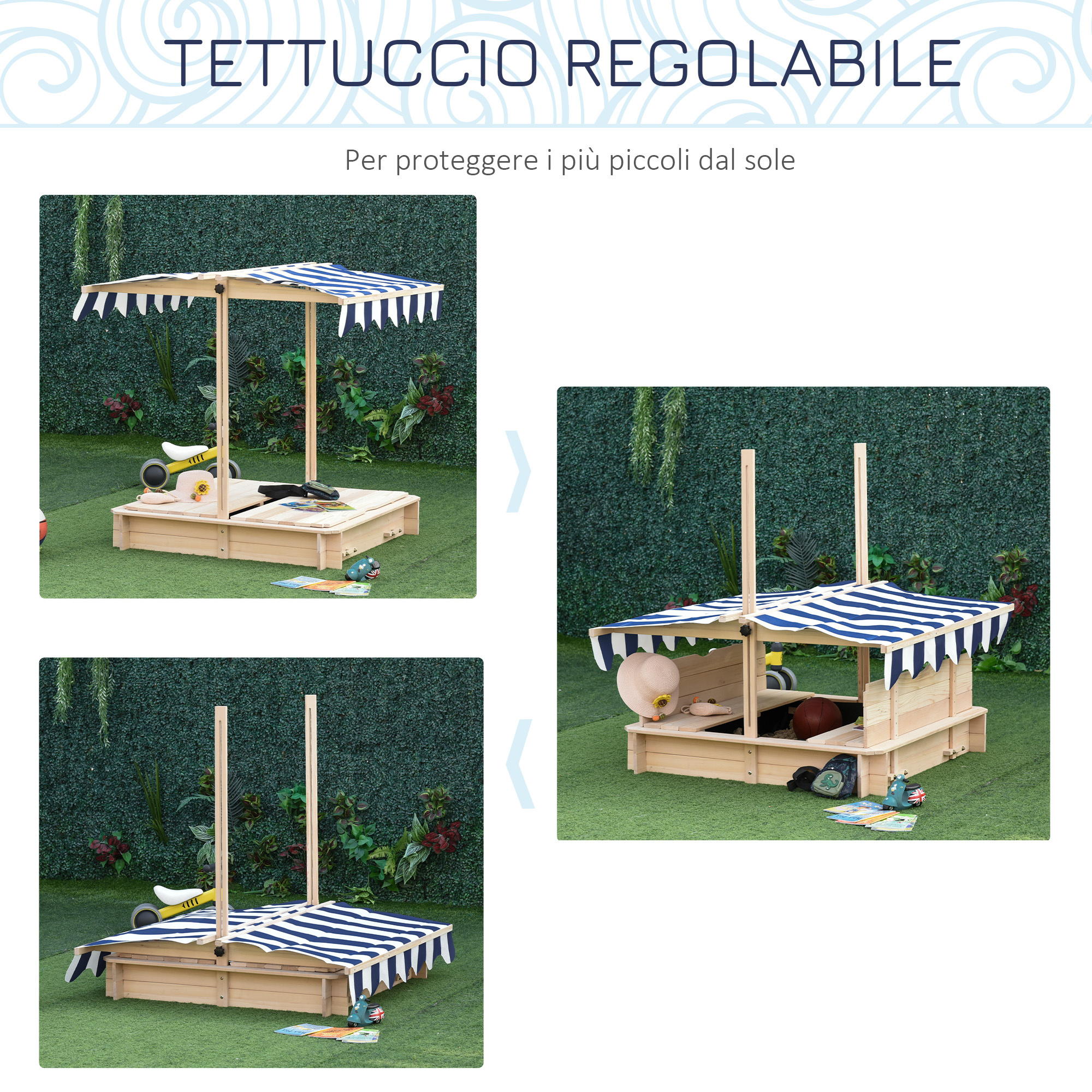 Sabbiera per bambini in legno con tettuccio parasole, panca e coperchio, 106x106x115 cm bianco e blu - 