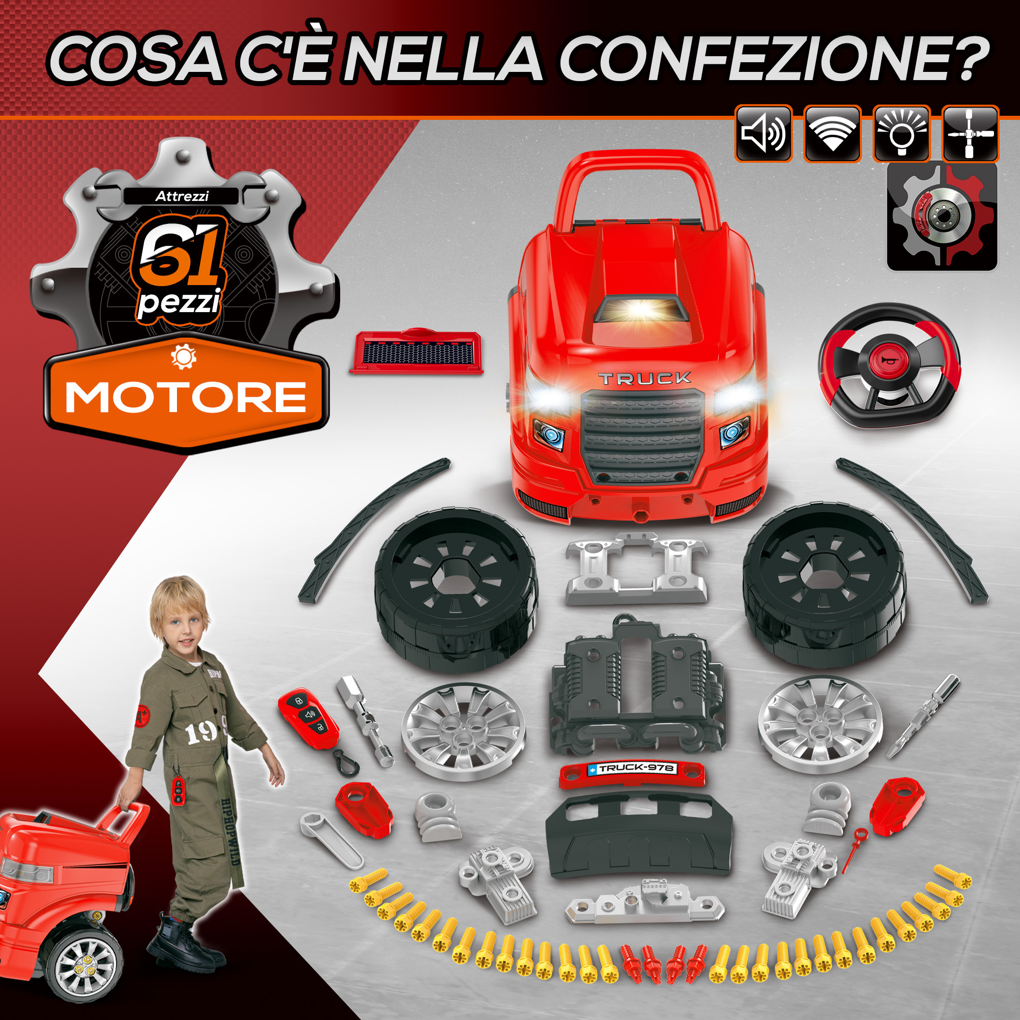Officina camion giocattolo con motore e 61 accessori per bambini 3-5 anni, ruote e maniglia, 40x39x47cm, rosso - 