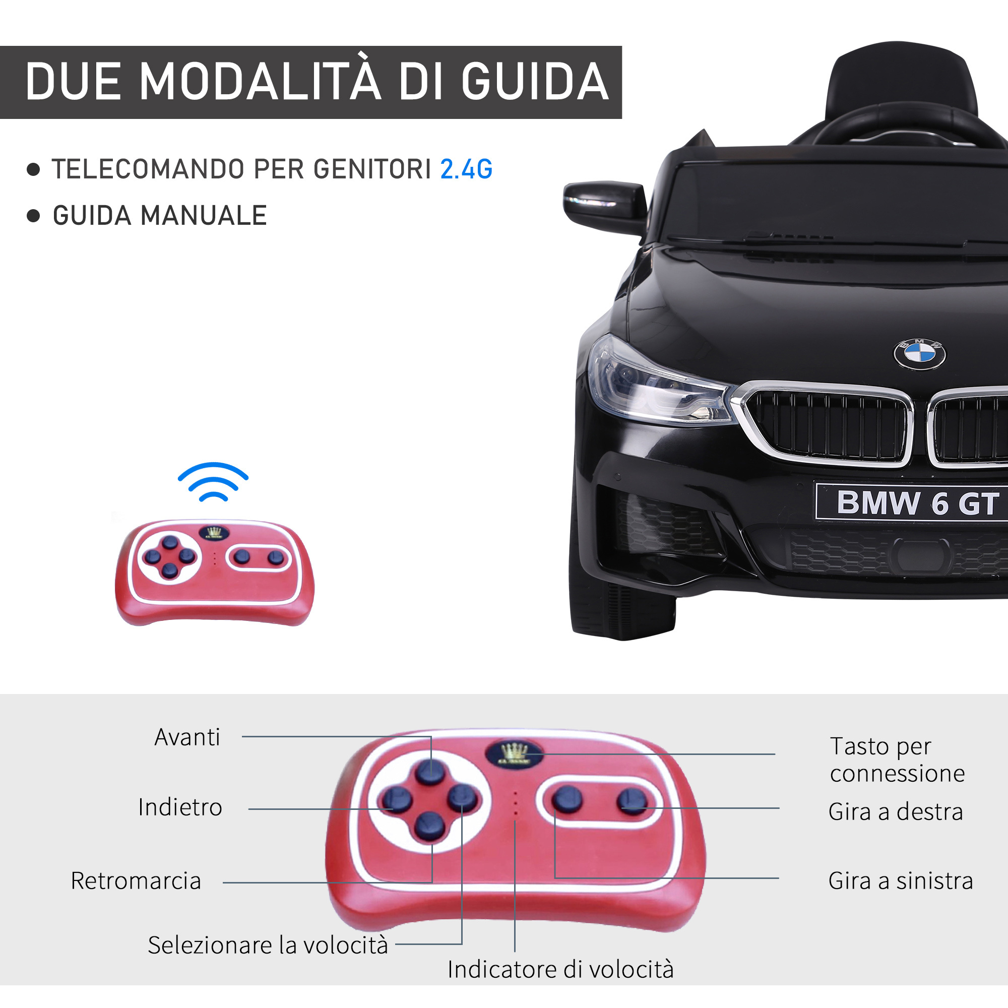 Macchina elettrica per bambini bmw 6gt 6v, macchina telecomandata con musica e fari led, mp3, clacson, 106 x 64 x 51 cm, nero - 