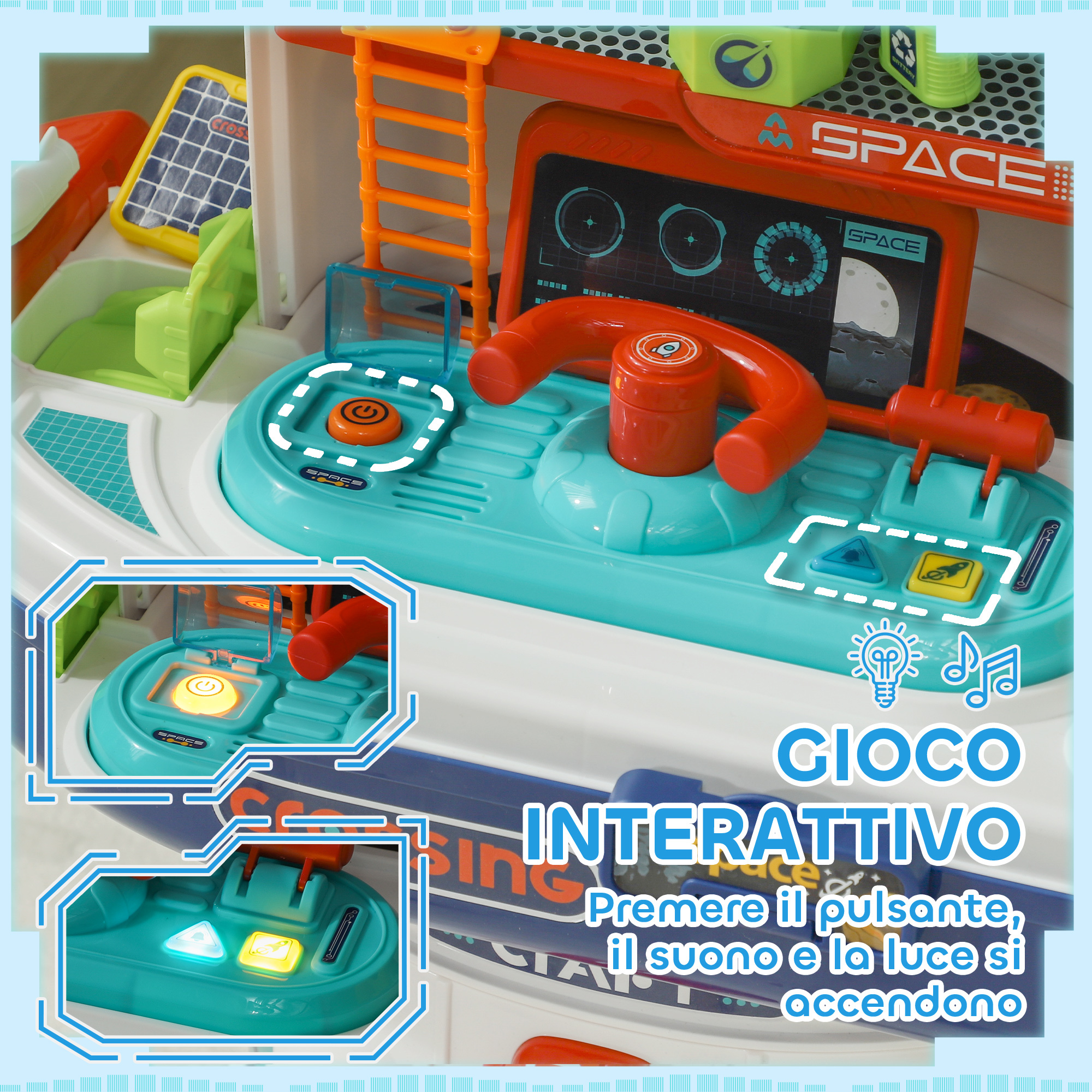 Banco da lavoro giocattolo da 21 pezzi a tema spaziale con suoni e luci, in pp e gpps, 45.5x24x52.5 cm - 