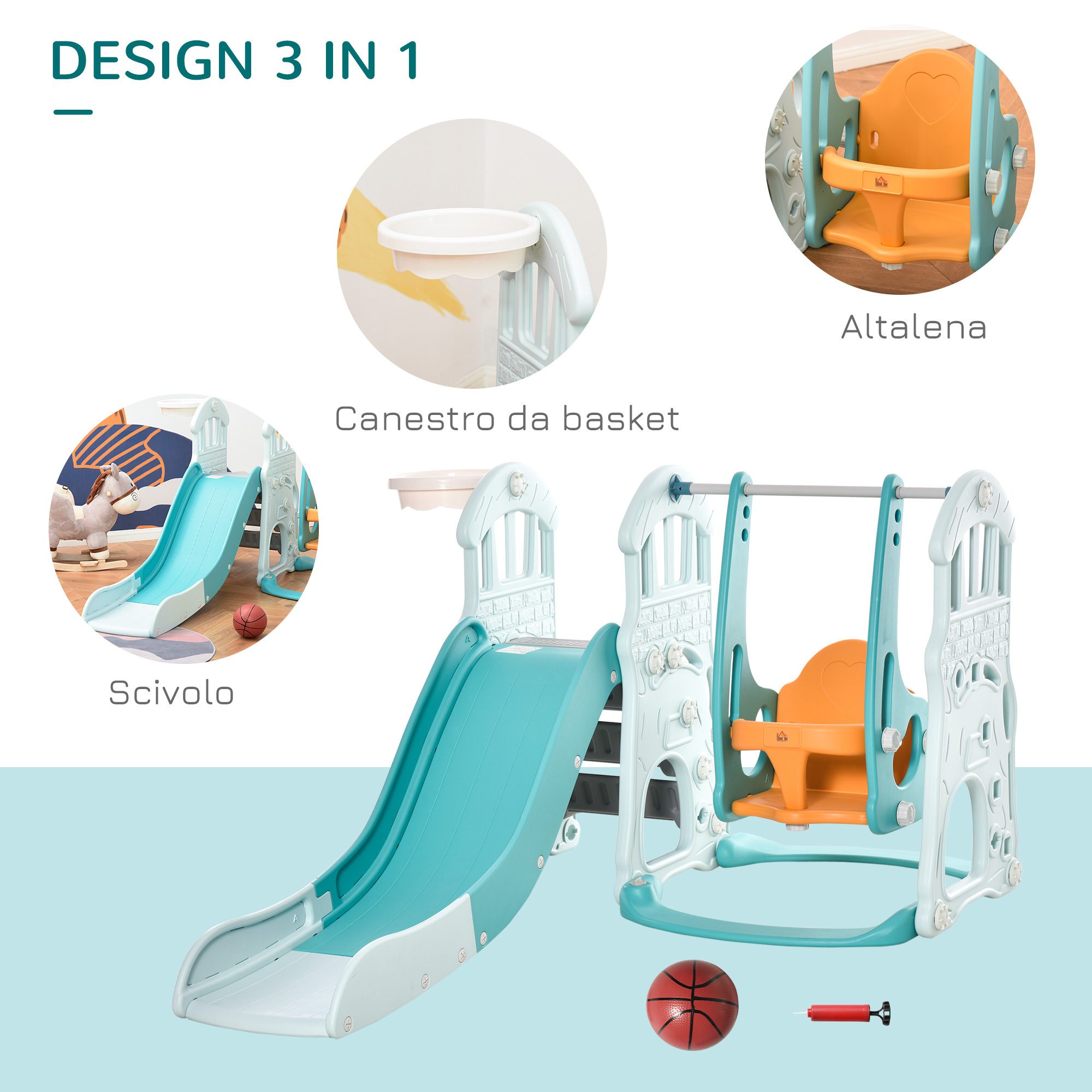 Scivolo 3 in 1 per bambini con altalena regolabile, canestro e palle per cameretta e giardino, 149x186x98cm, blu e arancione - 