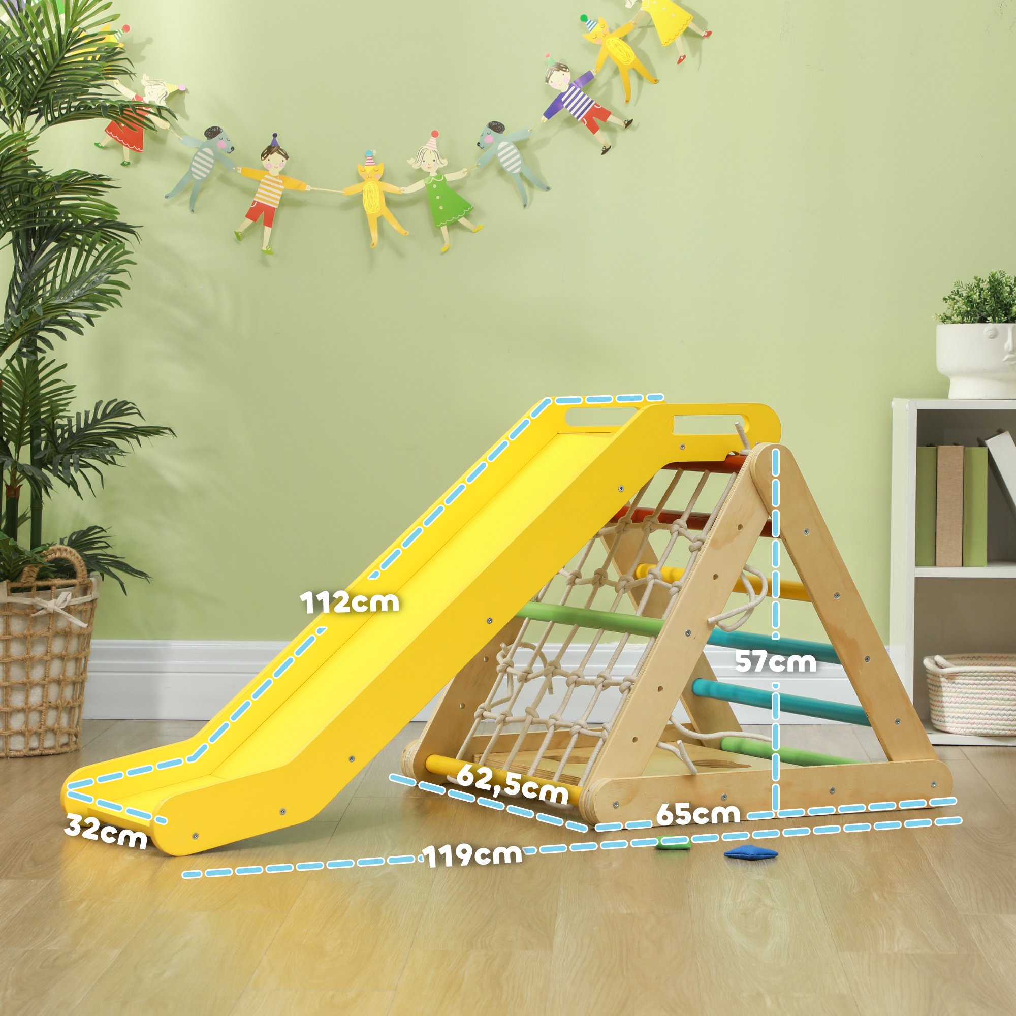 Gioco arrampicata bambini con triangolo montessori 5 in 1 con corda, scivolo e sacchi, in legno, 119x63x61 cm - 