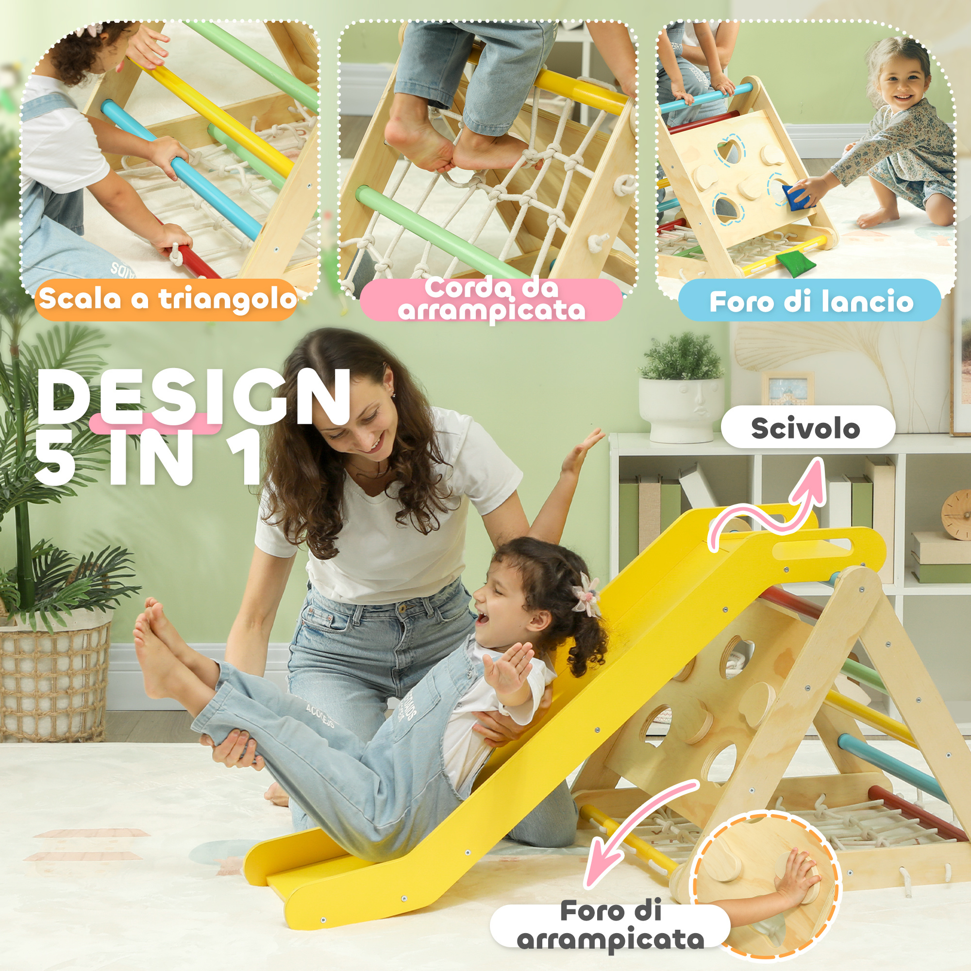 Gioco arrampicata bambini con triangolo montessori 5 in 1 con corda, scivolo e sacchi, in legno, 119x63x61 cm - 