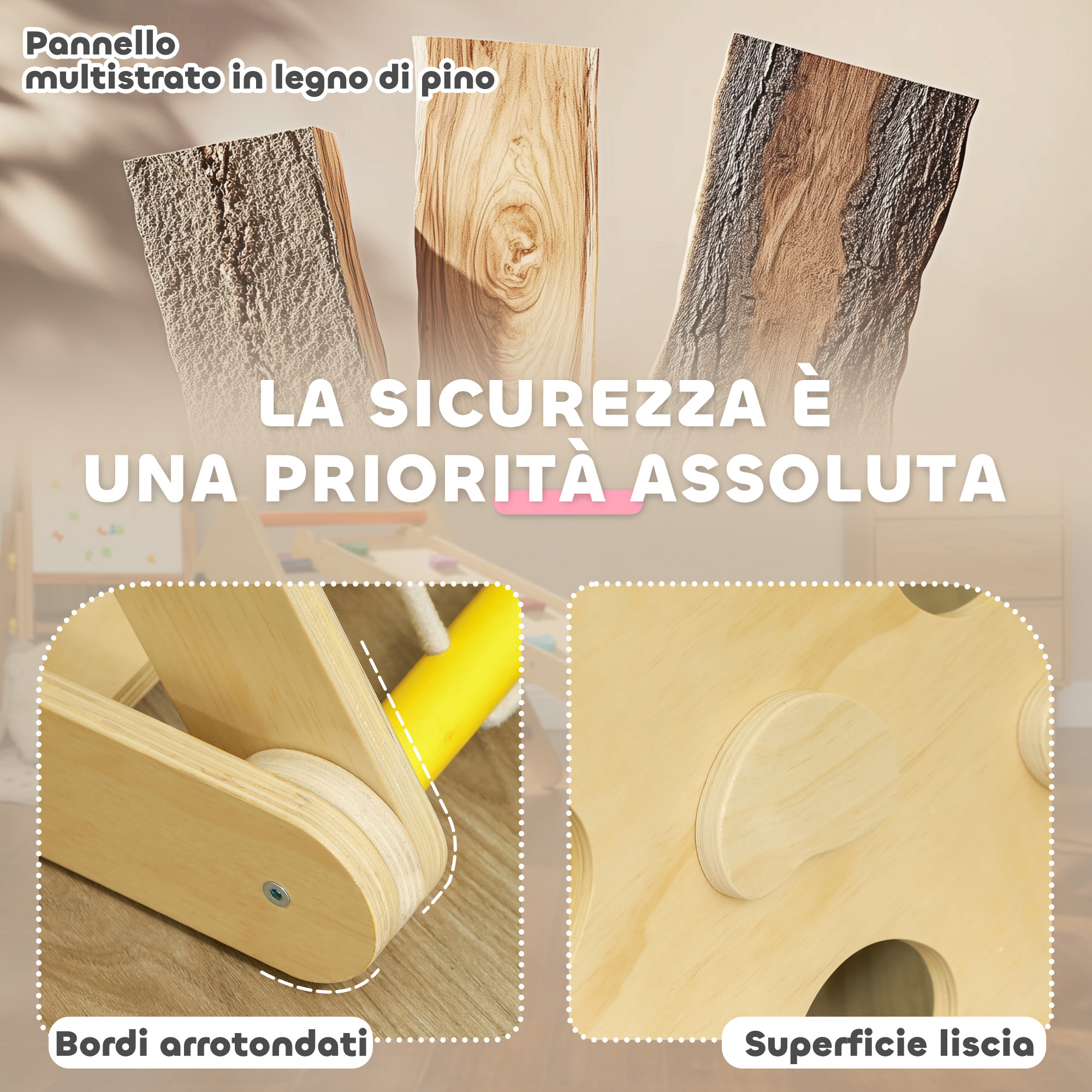 Gioco arrampicata bambini con triangolo montessori 5 in 1 con corda, scivolo e sacchi, in legno, 119x63x61 cm - 