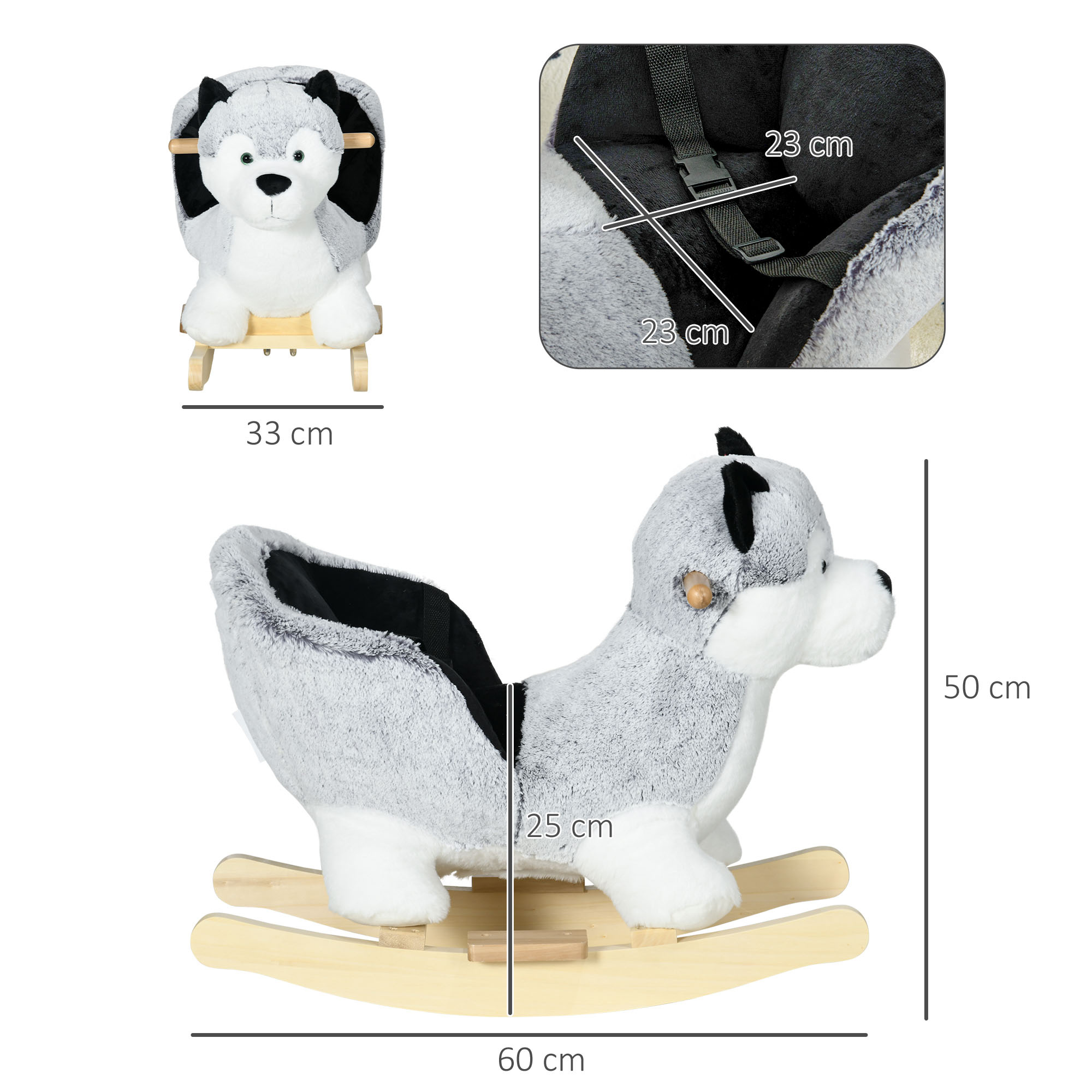 Cavallo a dondolo a forma di cane husky per bambini da 18-36 mesi, 60x33x50cm, grigio - 