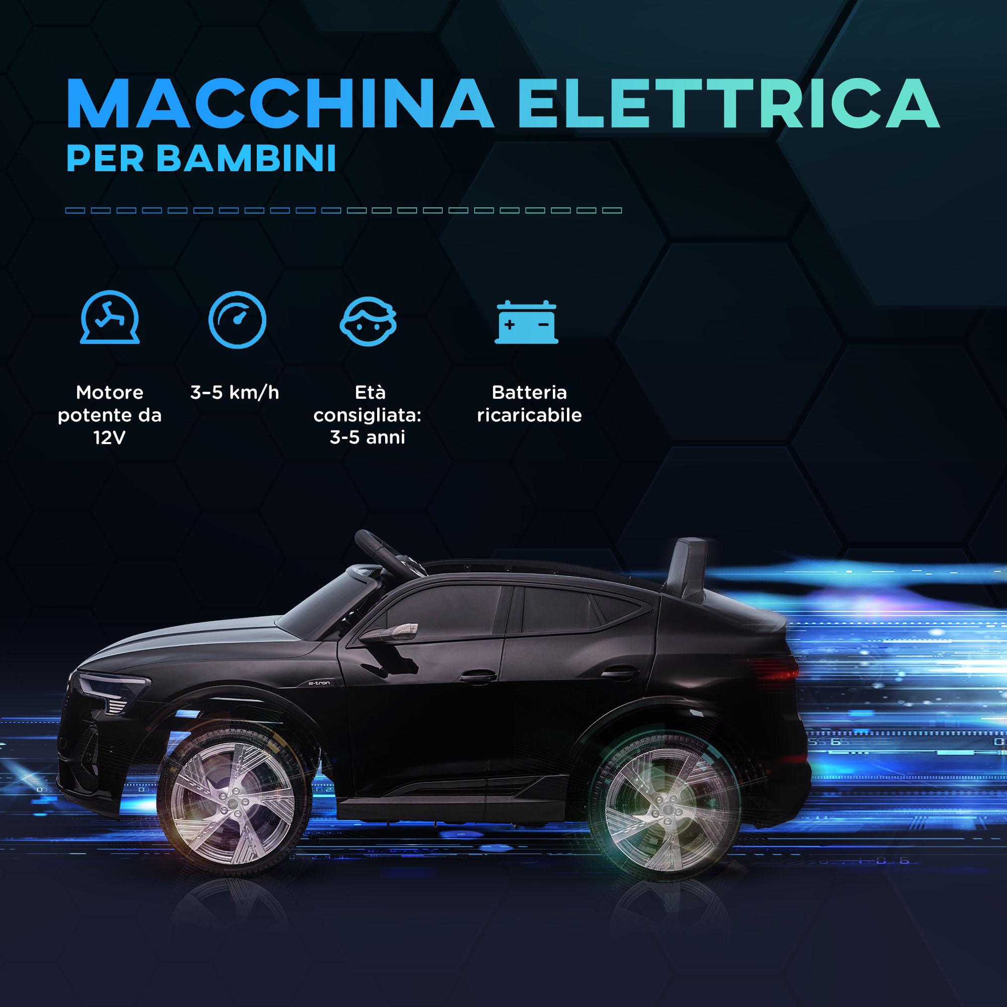 Macchina elettrica per bambini 12v con telecomando, velocità 3-8km/h, luci e musica, età 3-5 anni, nero - 