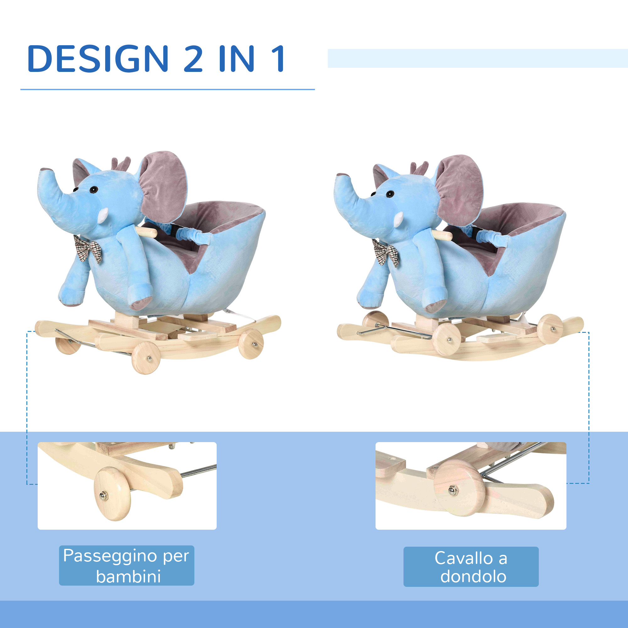 Animale a dondolo a forma di elefante con rotelle e cintura, in peluche, legno e acciaio, 60x35x45 cm, blu - 