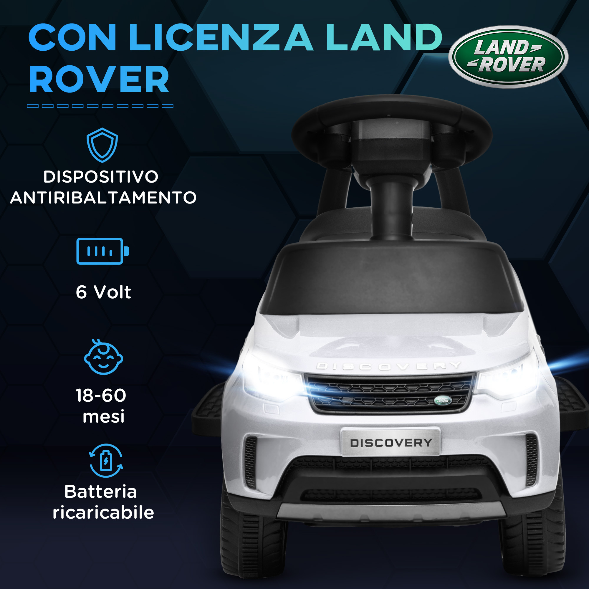 Macchina per bambini con licenza land rover 6v, funzionamento elettrico e a spinta, velocità 3km/h, bianco - 