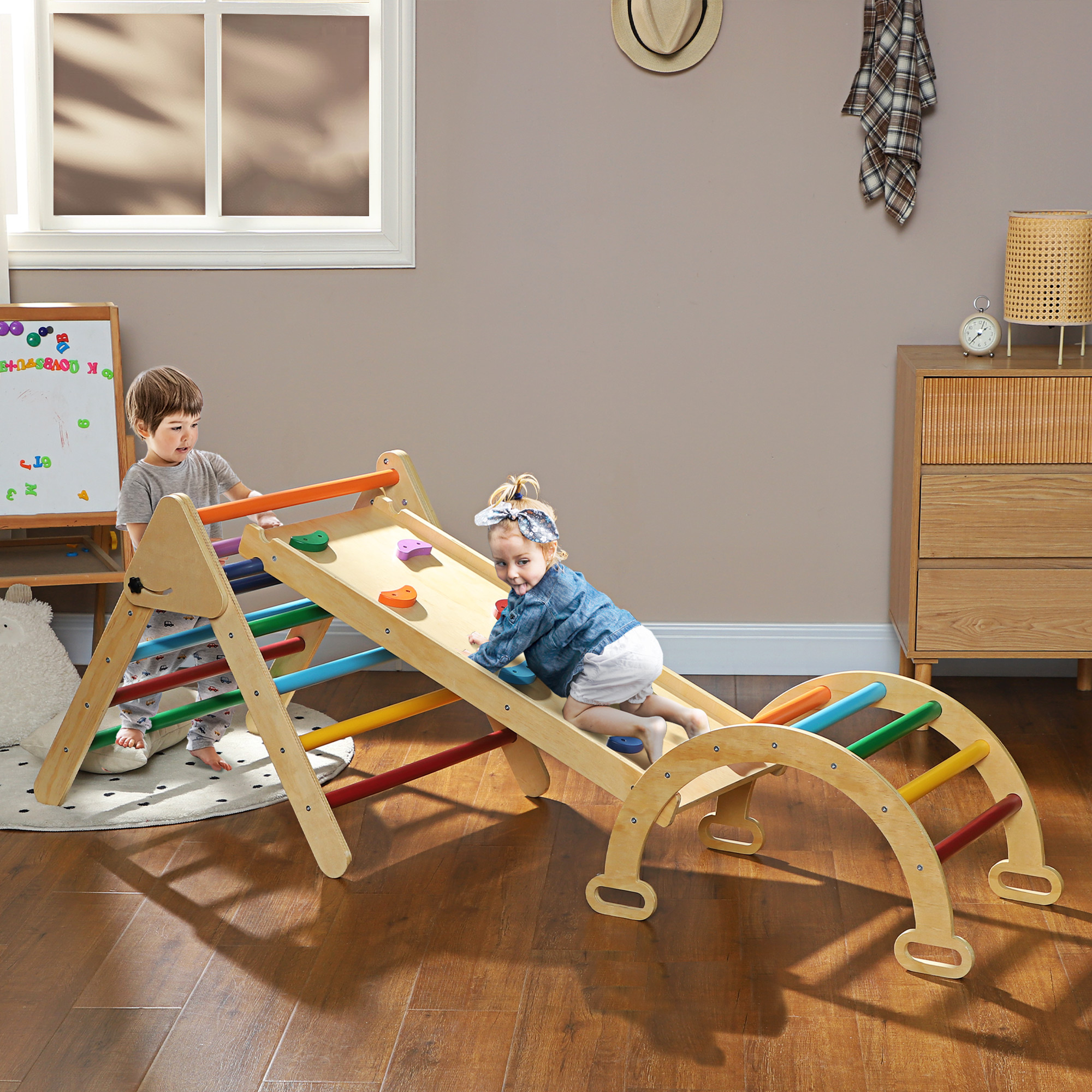 Gioco arrampicata bambini con triangolo e arco montessori e rampa con pietre in legno di pino, 178x64.5x63 cm - 