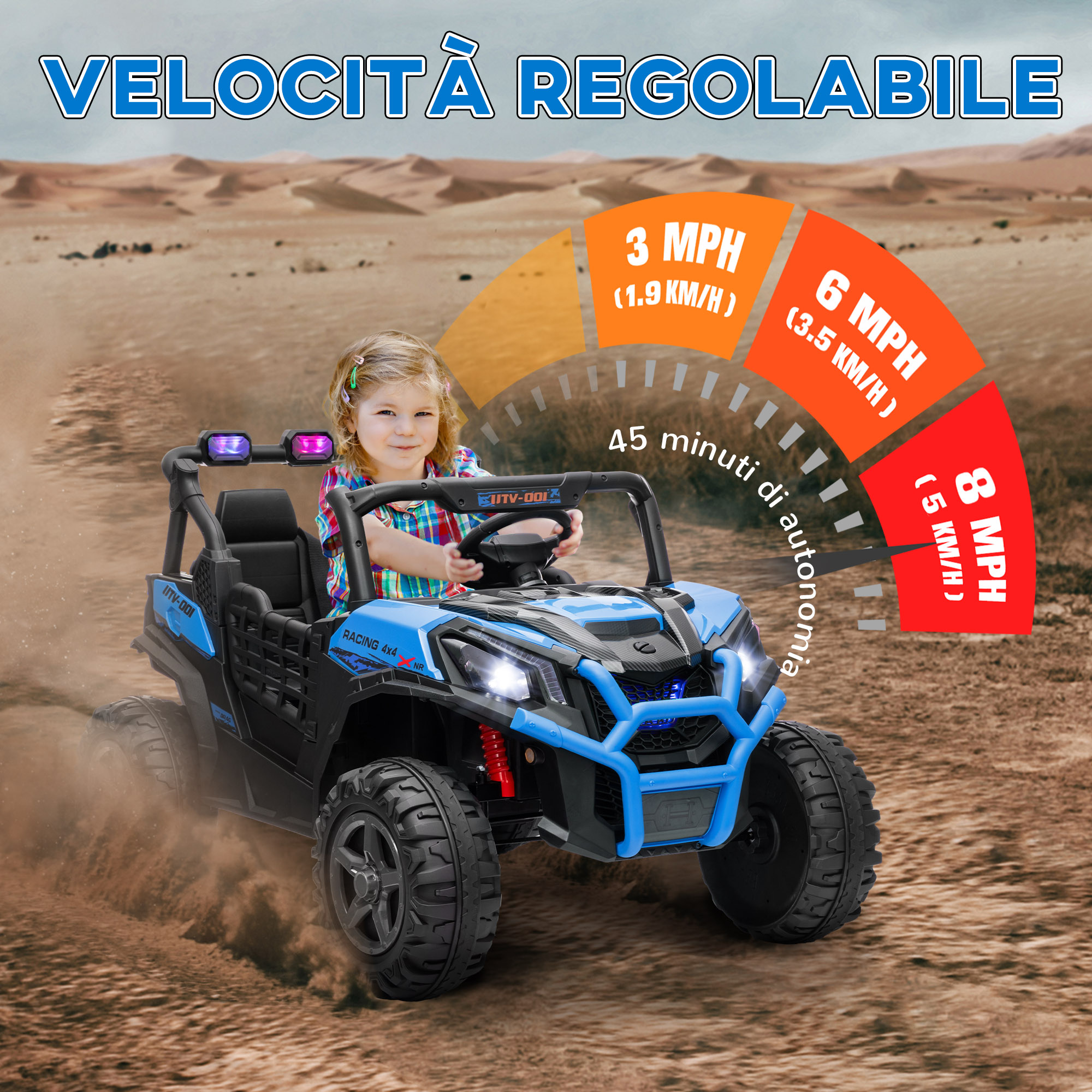 Macchina elettrica per bambini 24v a 2 posti con telecomando e 3 velocità, età 3-8 anni, blu - 