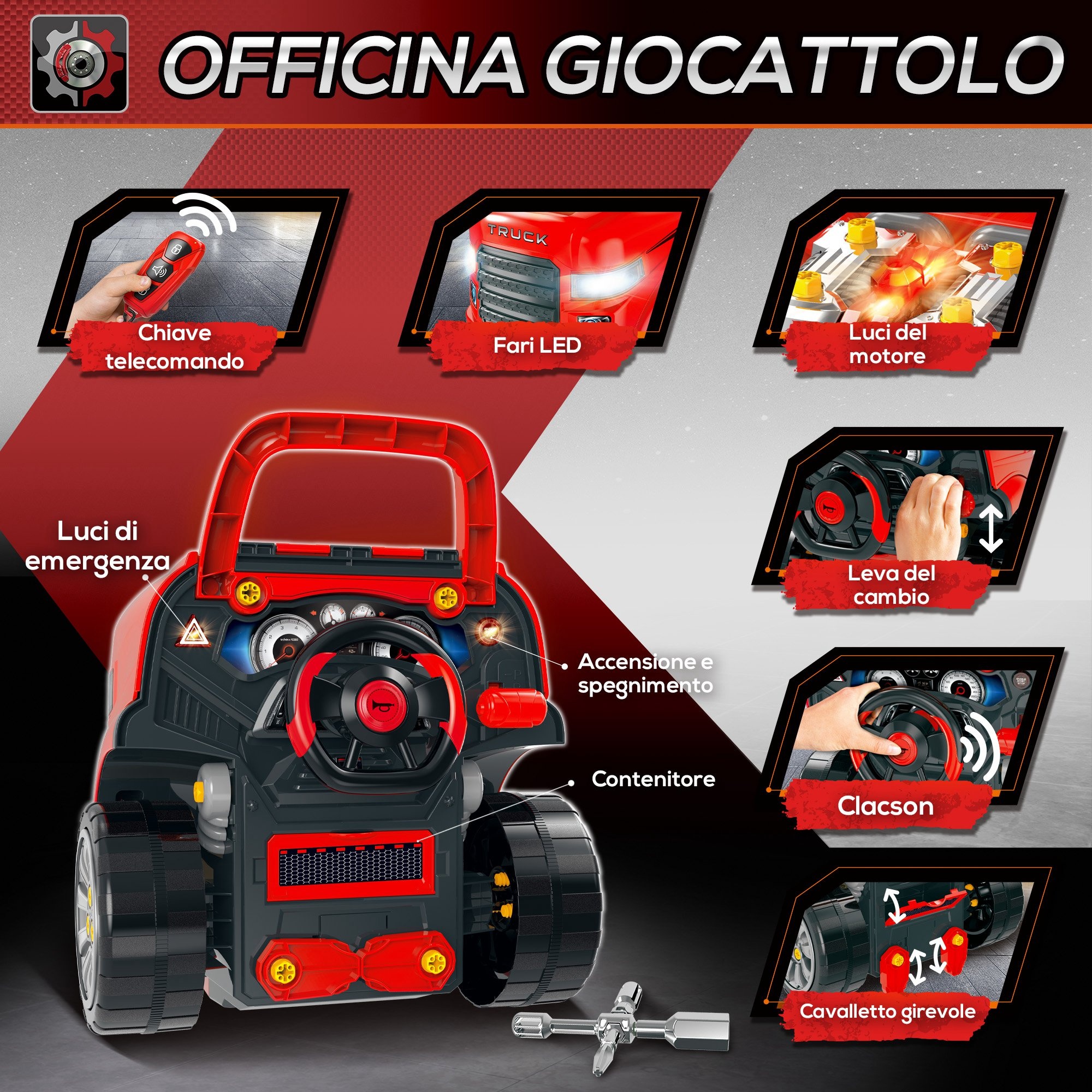 Officina camion giocattolo con motore e 61 accessori per bambini 3-5 anni, ruote e maniglia, 40x39x47cm, rosso - 