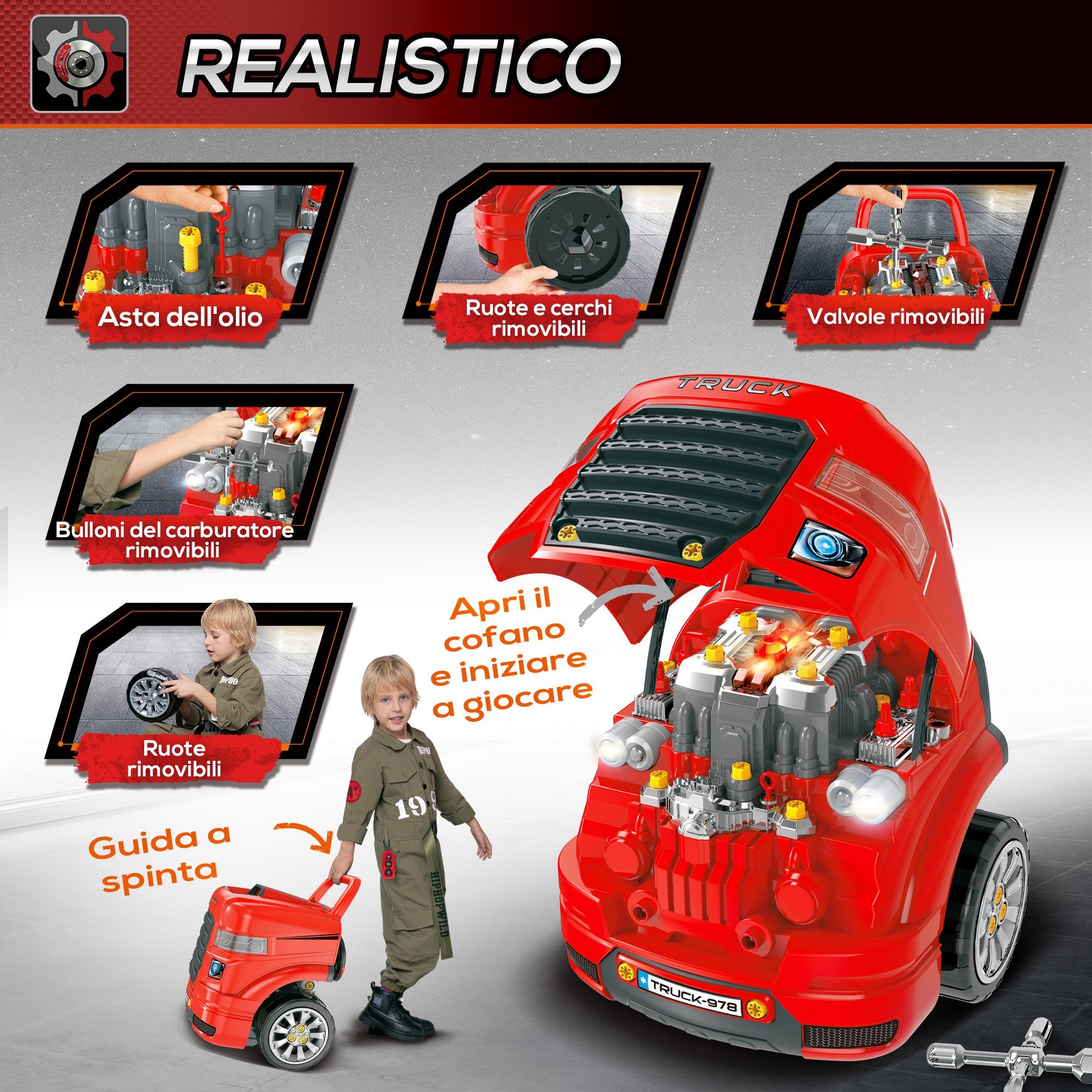 Officina camion giocattolo con motore e 61 accessori per bambini 3-5 anni, ruote e maniglia, 40x39x47cm, rosso - 