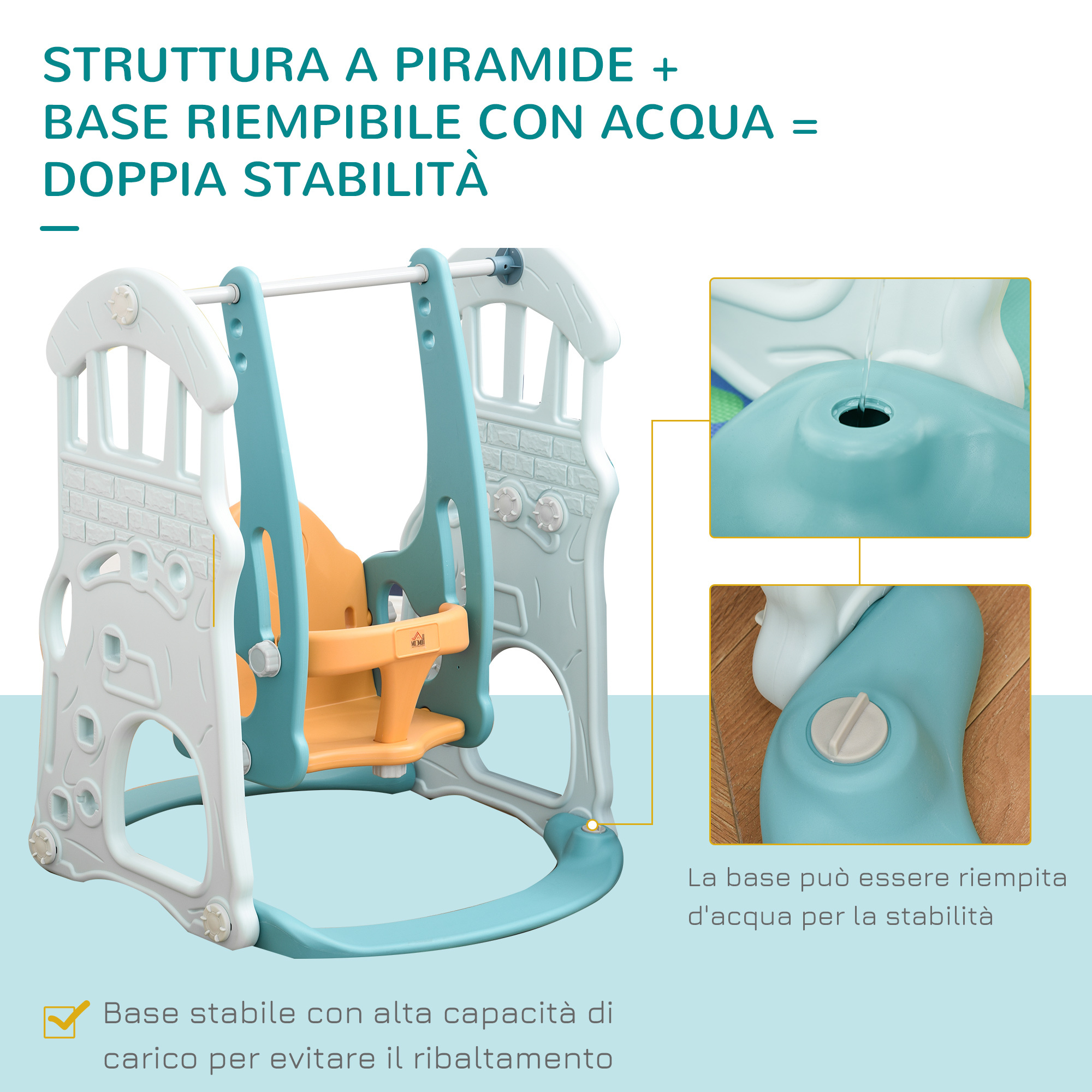 Scivolo per bambini 4 anni max con altalena, canestro, porta e anelli, in hdpe e pp, 210x186x133 cm - 