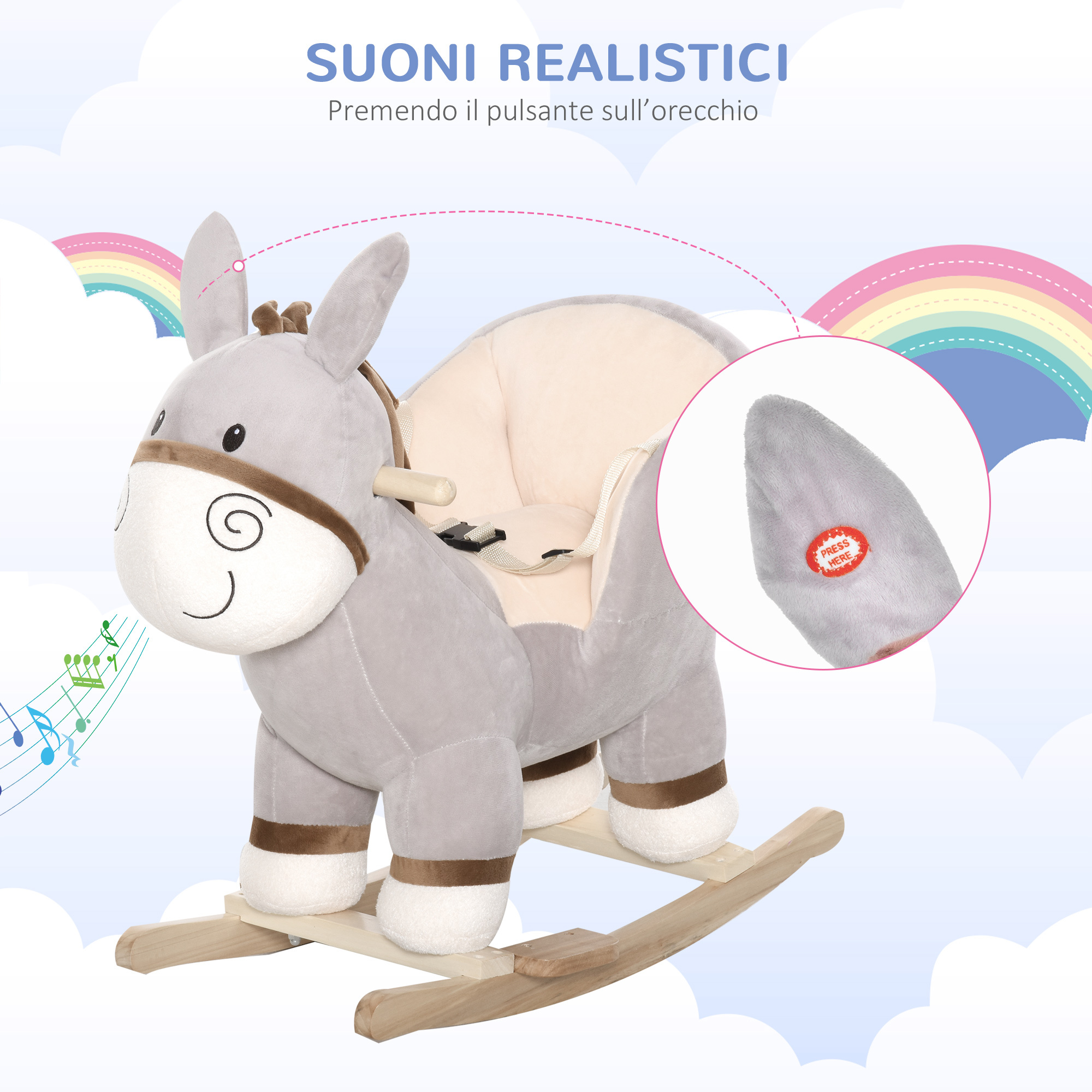 Cavallo a dondolo per bambini 18-36 mesi, cavalluccio a dondolo a forma di asino con suoni realistici in legno di pioppo e peluche, grigio - 