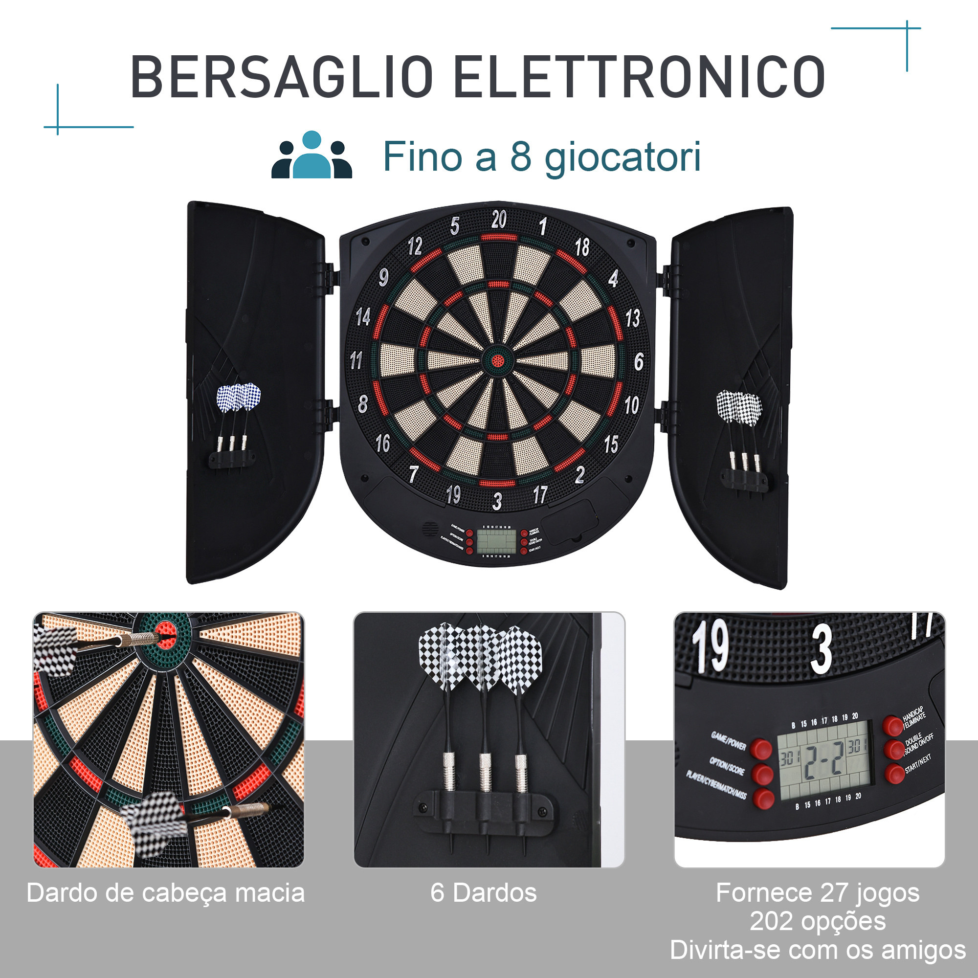 Bersaglio freccette elettronico per 8 giocatori con 6 freccette, schermo lcd, 2 porte e 26 modalità di gioco - 