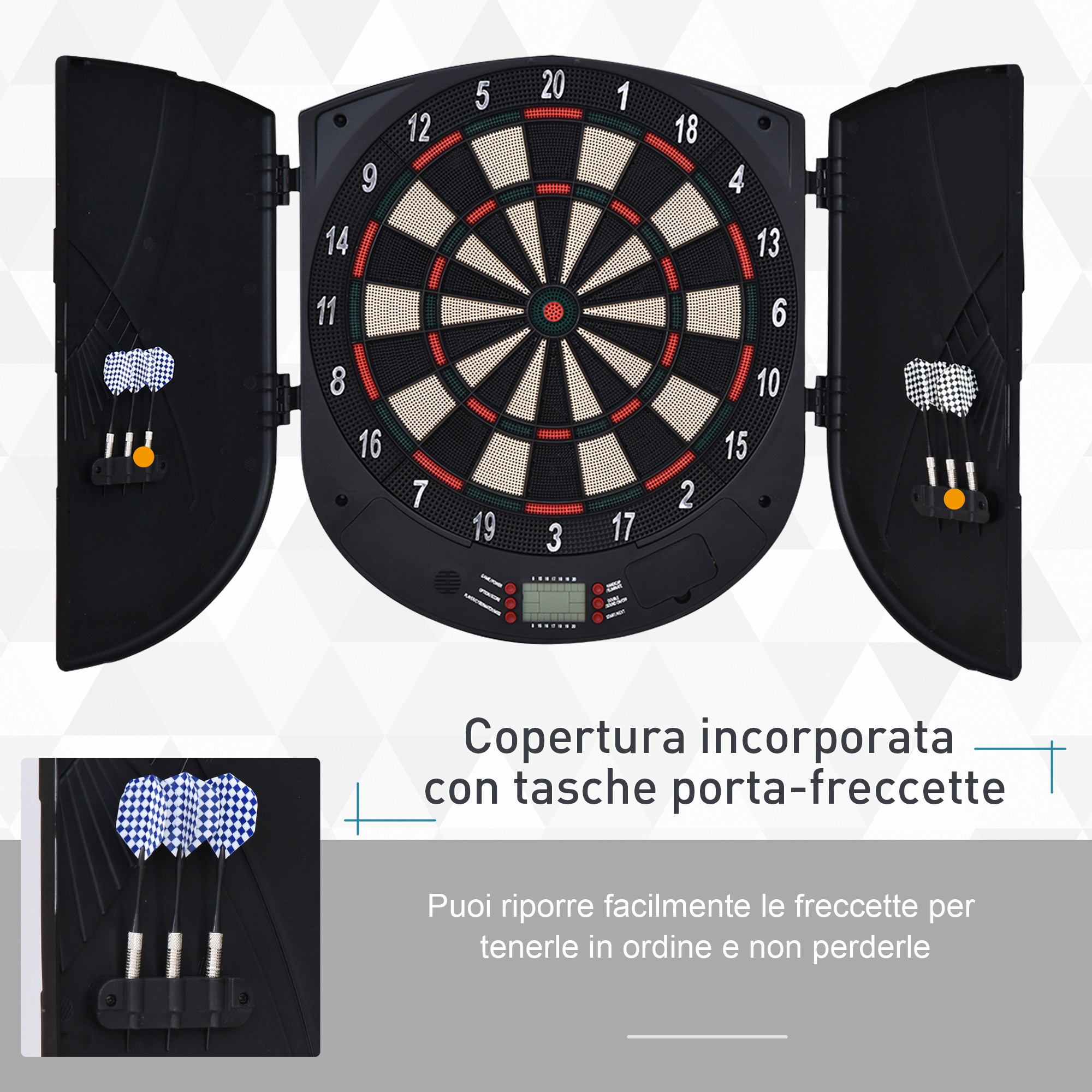 Bersaglio freccette elettronico per 8 giocatori con 6 freccette, schermo lcd, 2 porte e 26 modalità di gioco - 